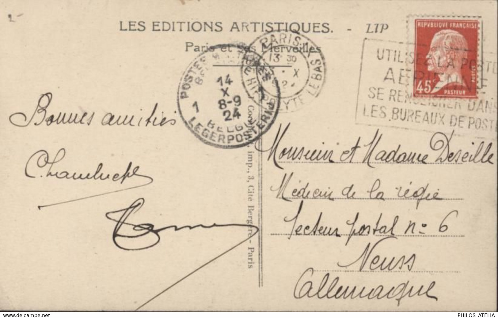 YT 175 Pasteur Rouge 45c CAD Paris R H. Lebas 13 X 24 Pour Allemagne Occupée Transit Poste Militaire Belgique 14 10 24 - 1921-1960: Periodo Moderno