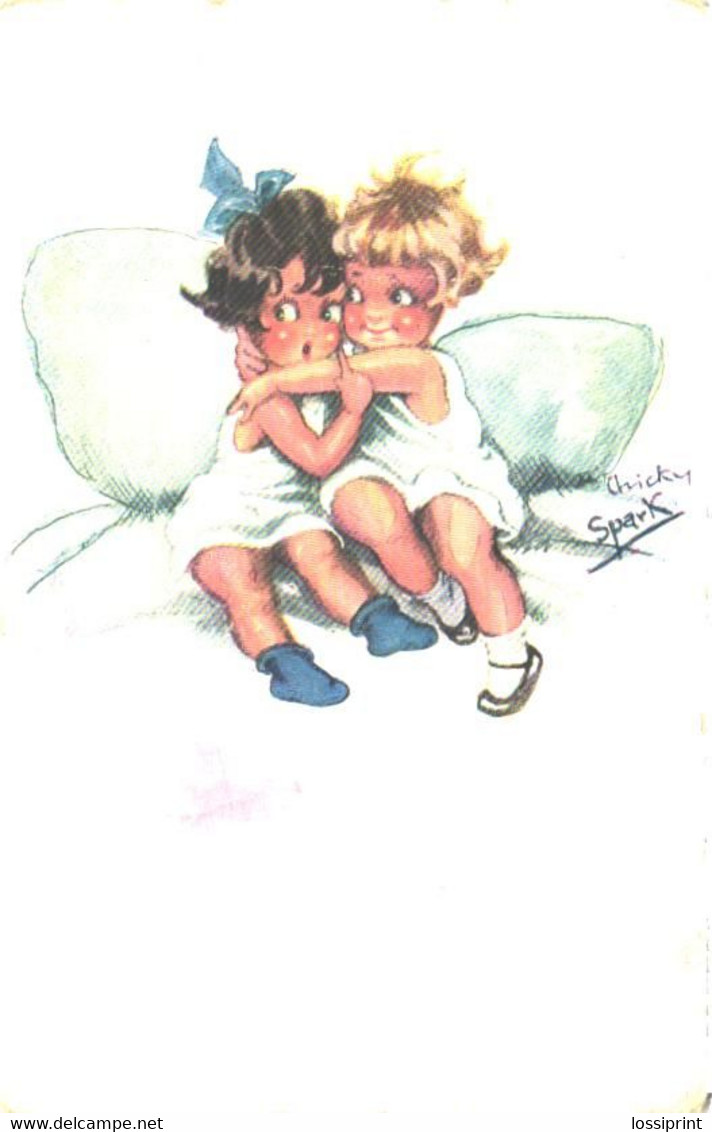 Chicky Spark:Huging Kids On Bed, Pre 1940 - Spark, Chicky