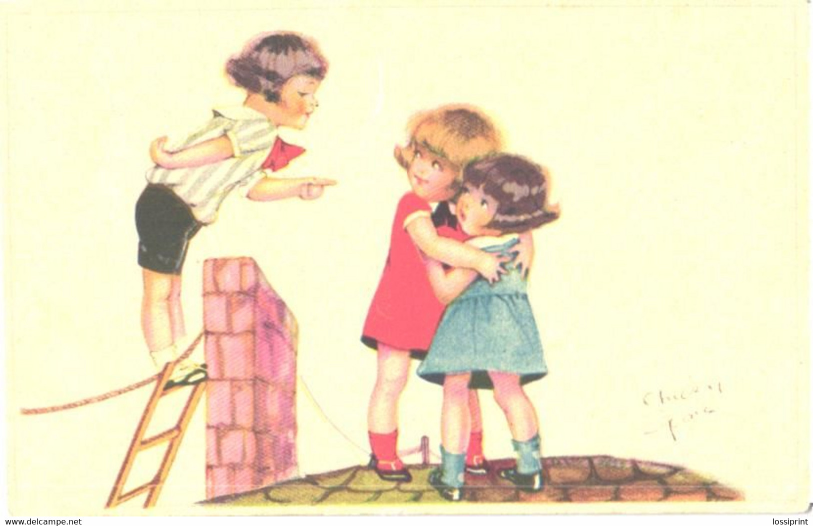 Chicky Spark:Girls On Roof, Chimney, Ladder, Pre 1940 - Spark, Chicky