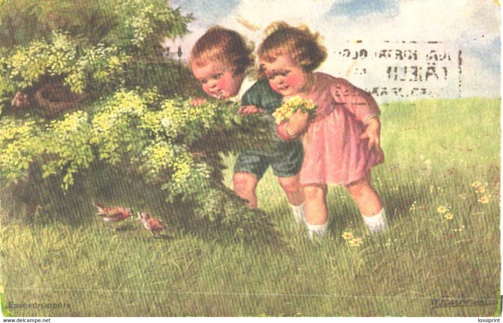 Wally Fialkowska:Kids Looking Argueing Birds, Nest, Pre 1923 - Fialkowska, Wally