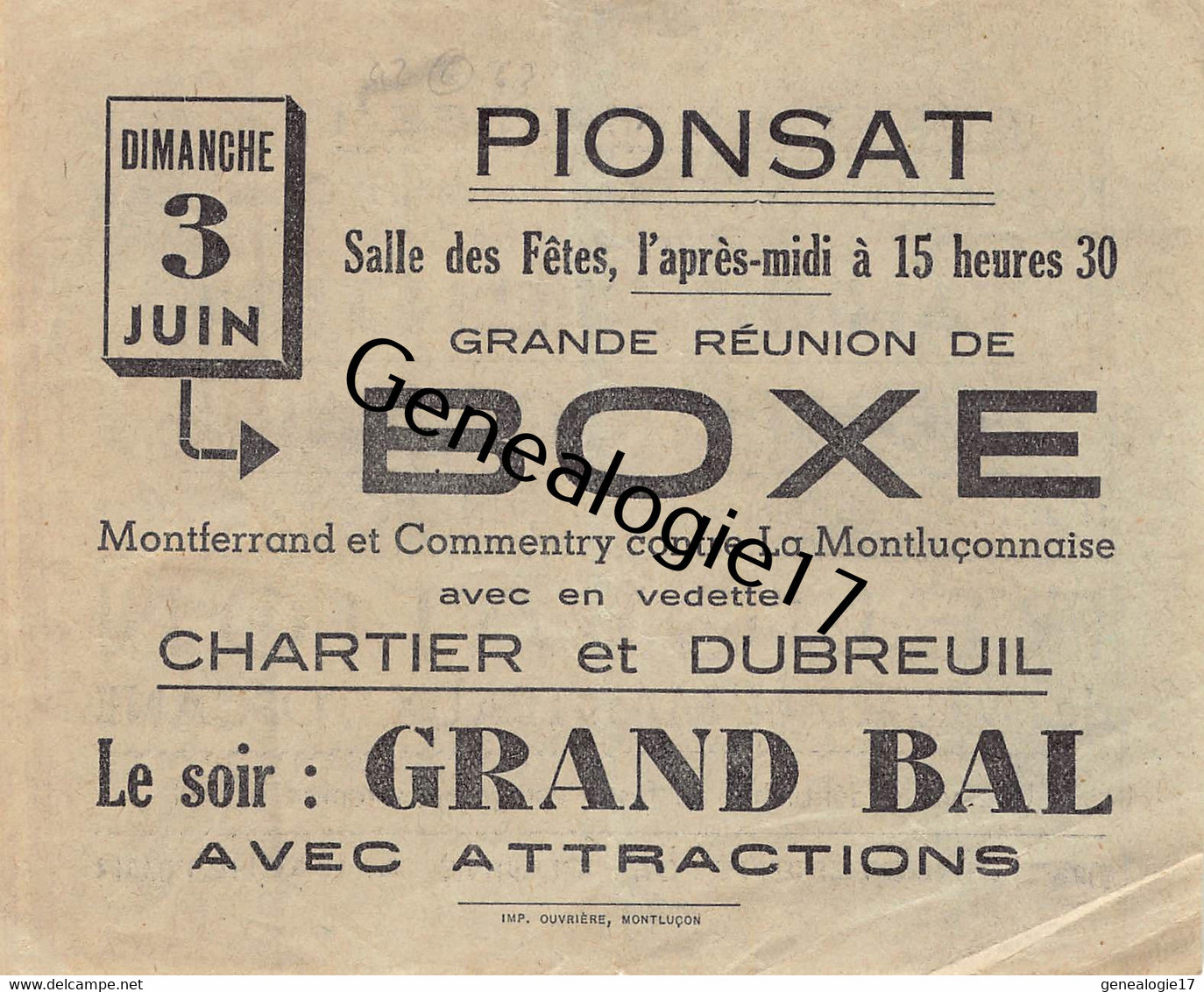 63 2972 PIONSAT Puy Dome REUNION DE BOXE CHARTIER DUBREUIL Montferrand Commentry Contre La Montluconnaise - Andere & Zonder Classificatie