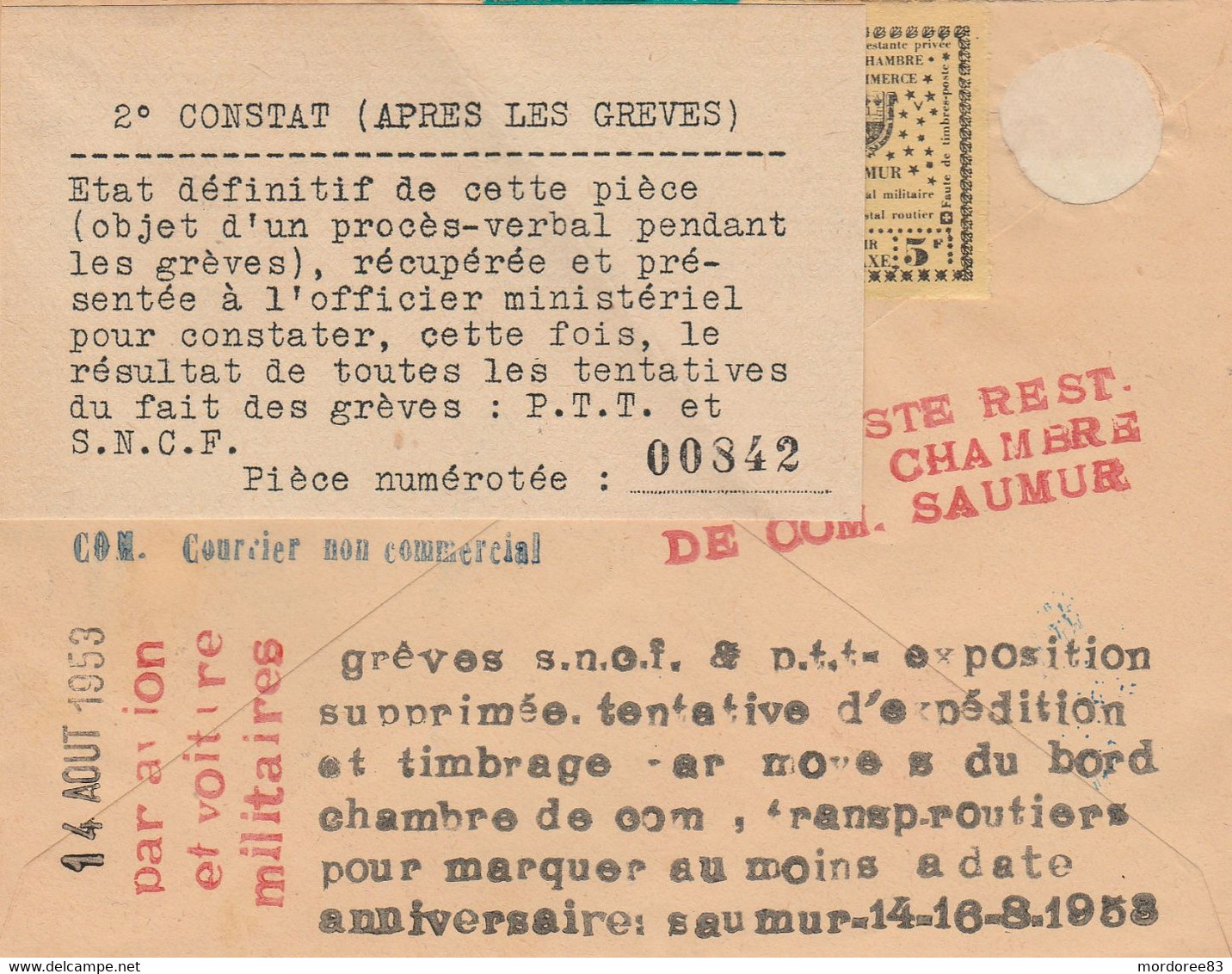 GREVE DE SAUMUR 1953 + VIGNETTES SUR LETTRE - Documenten