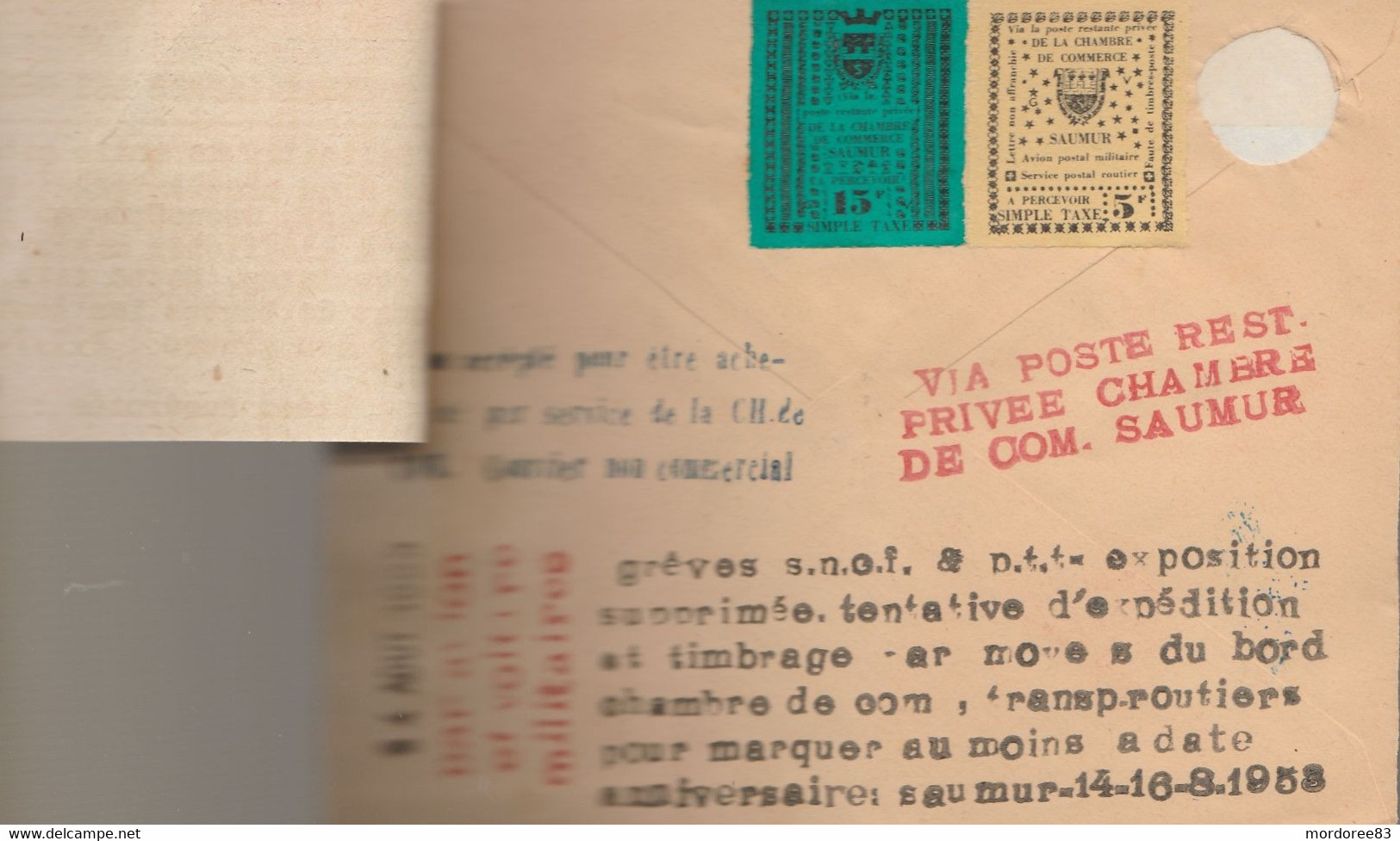 GREVE DE SAUMUR 1953 + VIGNETTES SUR LETTRE - Documenti