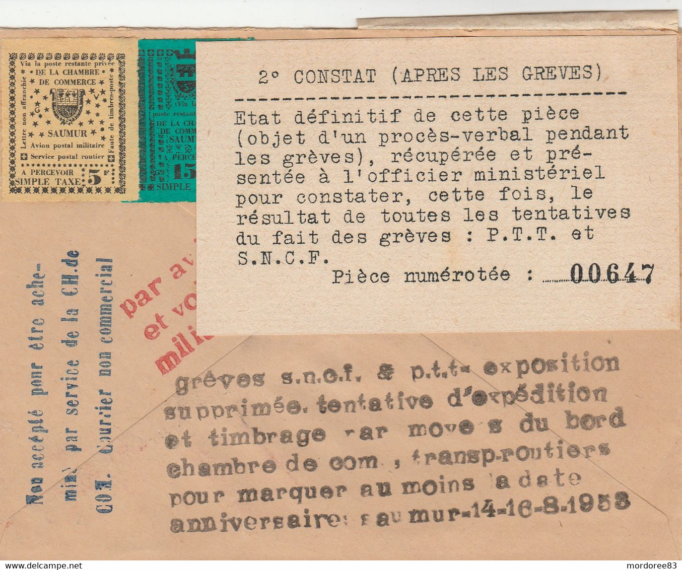 GREVE DE SAUMUR 1953 + VIGNETTES SUR LETTRE - Documentos