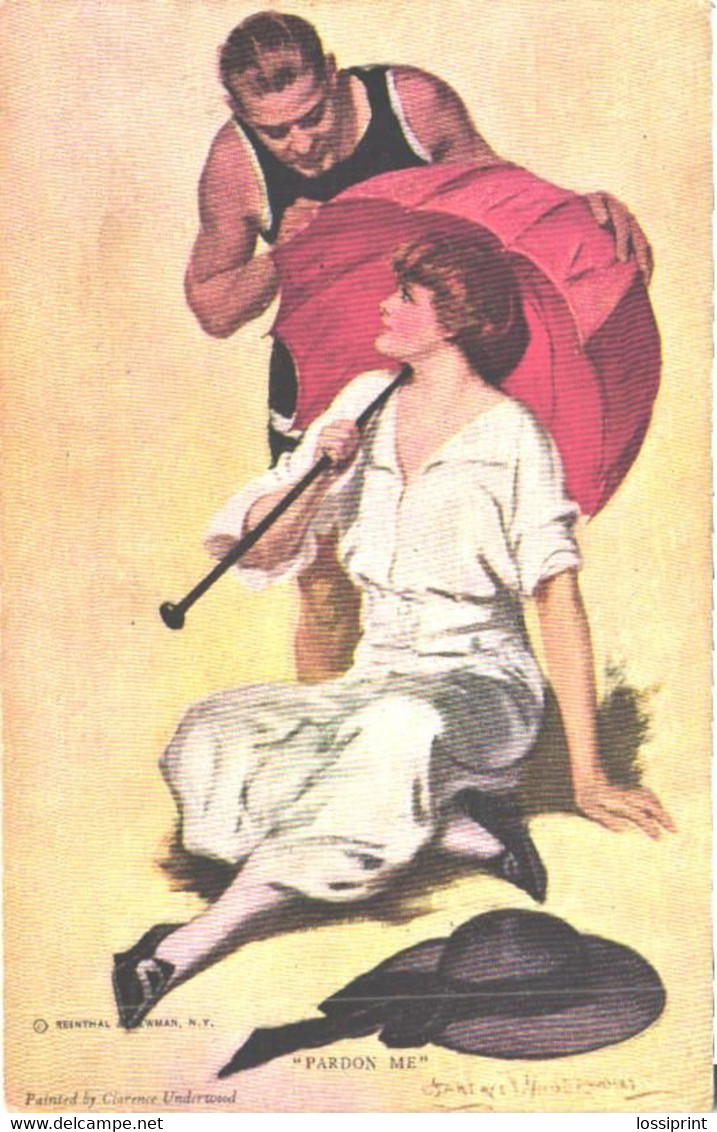 Clarence F Underwood:Pardon Me, Man With Swimsuit And Lady With Umbrella, Pre 1940 - Underwood, Clarence F.