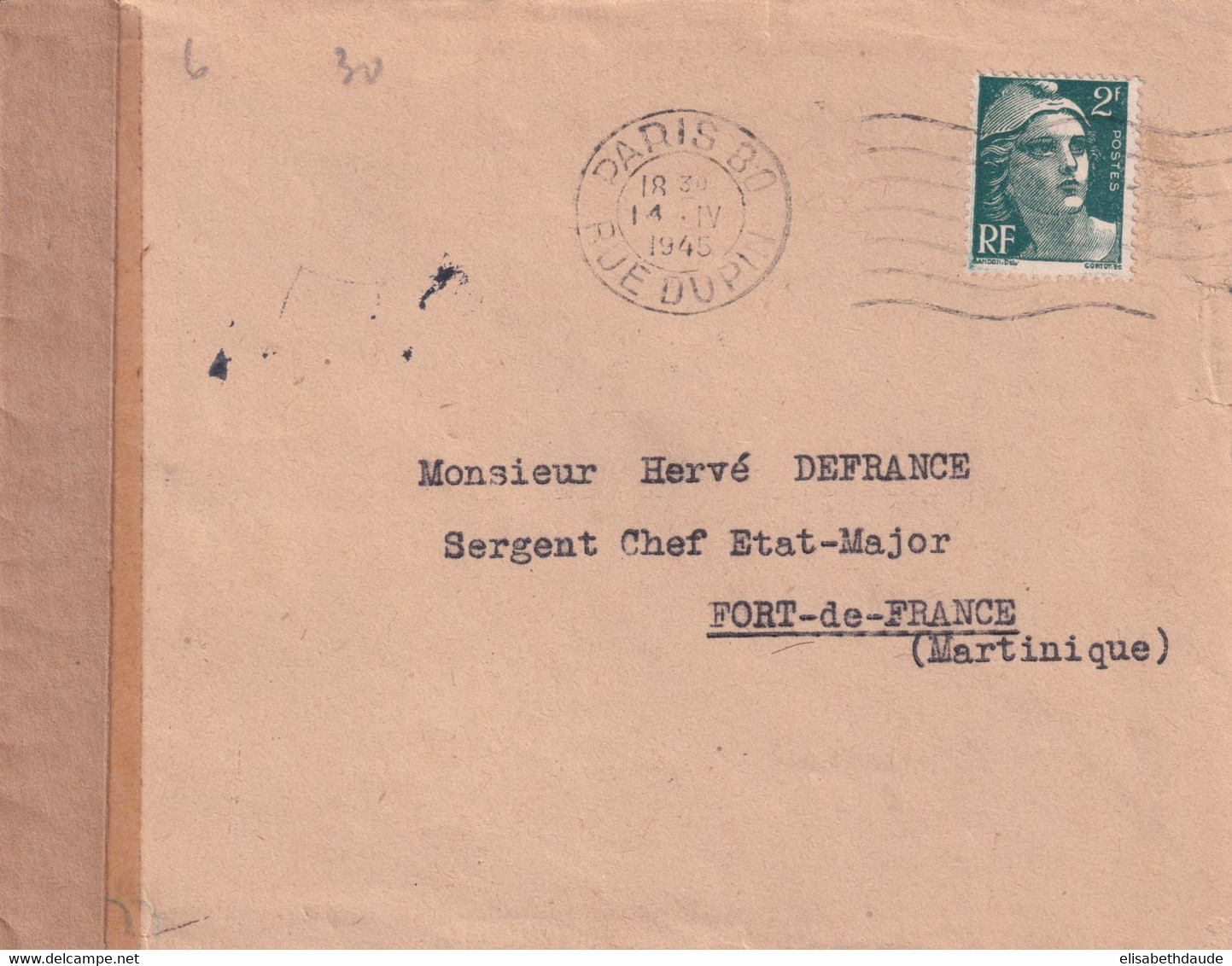 1945 - GANDON / ENVELOPPE Avec CENSURE De PARIS => FORT DE FRANCE (MARTINIQUE) ! - 1945-54 Marianne De Gandon