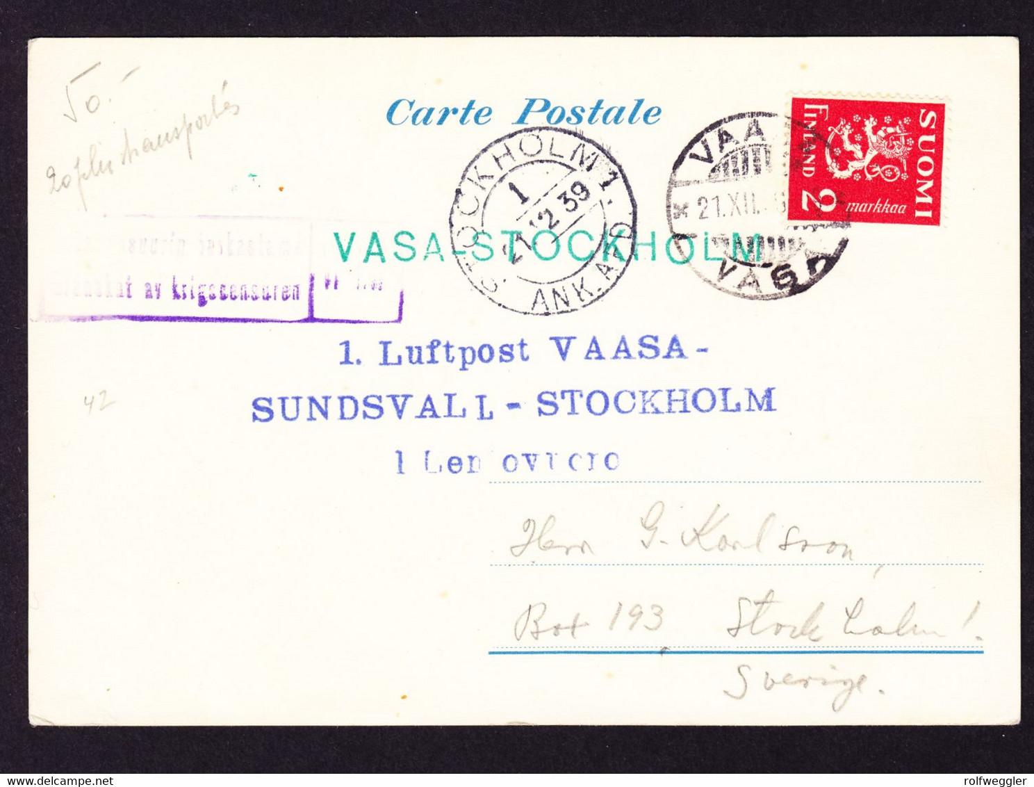 1939 Postkarte, Erstflug Vaasa - Sundsvall-Stockholm. Kriegszensur Stempel - Covers & Documents