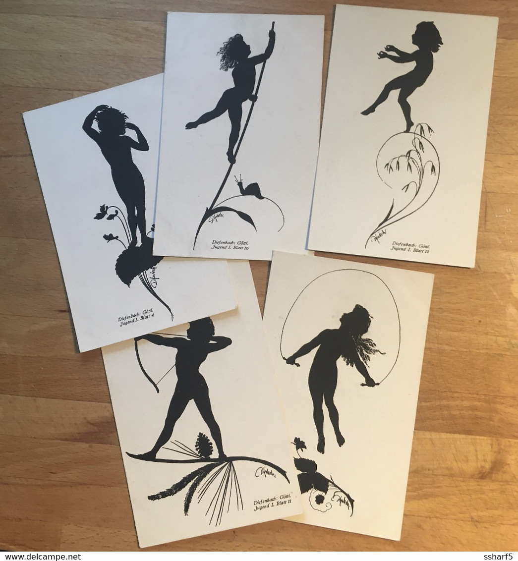 DIEFENBACH 5 Schattenbildkarten Serie Göttl. Jugend I, Blatt 4, 9, 10,  11, 12 - Silhouettes