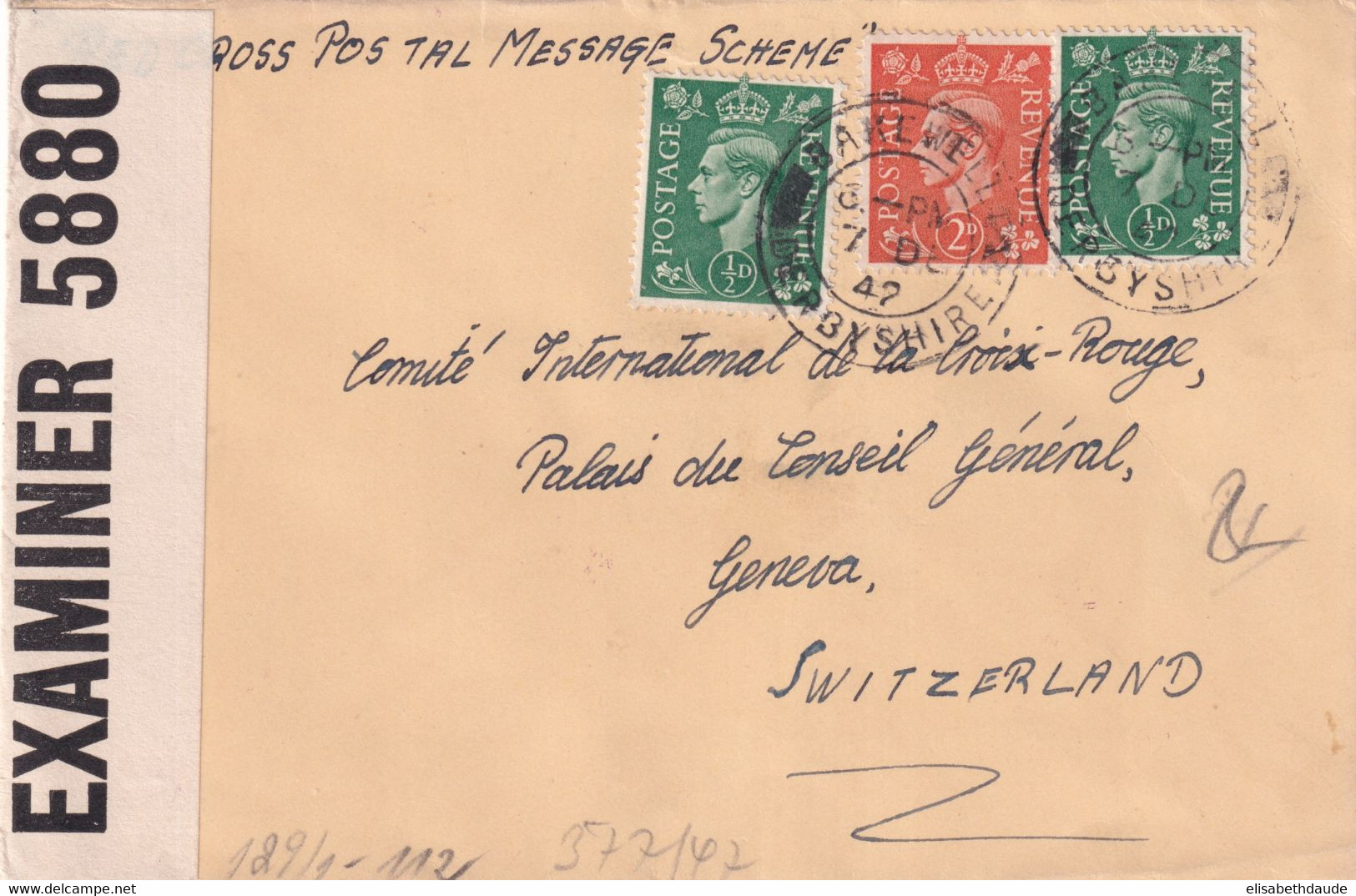 1942 - GB - ENVELOPPE De BAKEWELL Avec CENSURE => CROIX-ROUGE SUISSE à GENEVE - Storia Postale