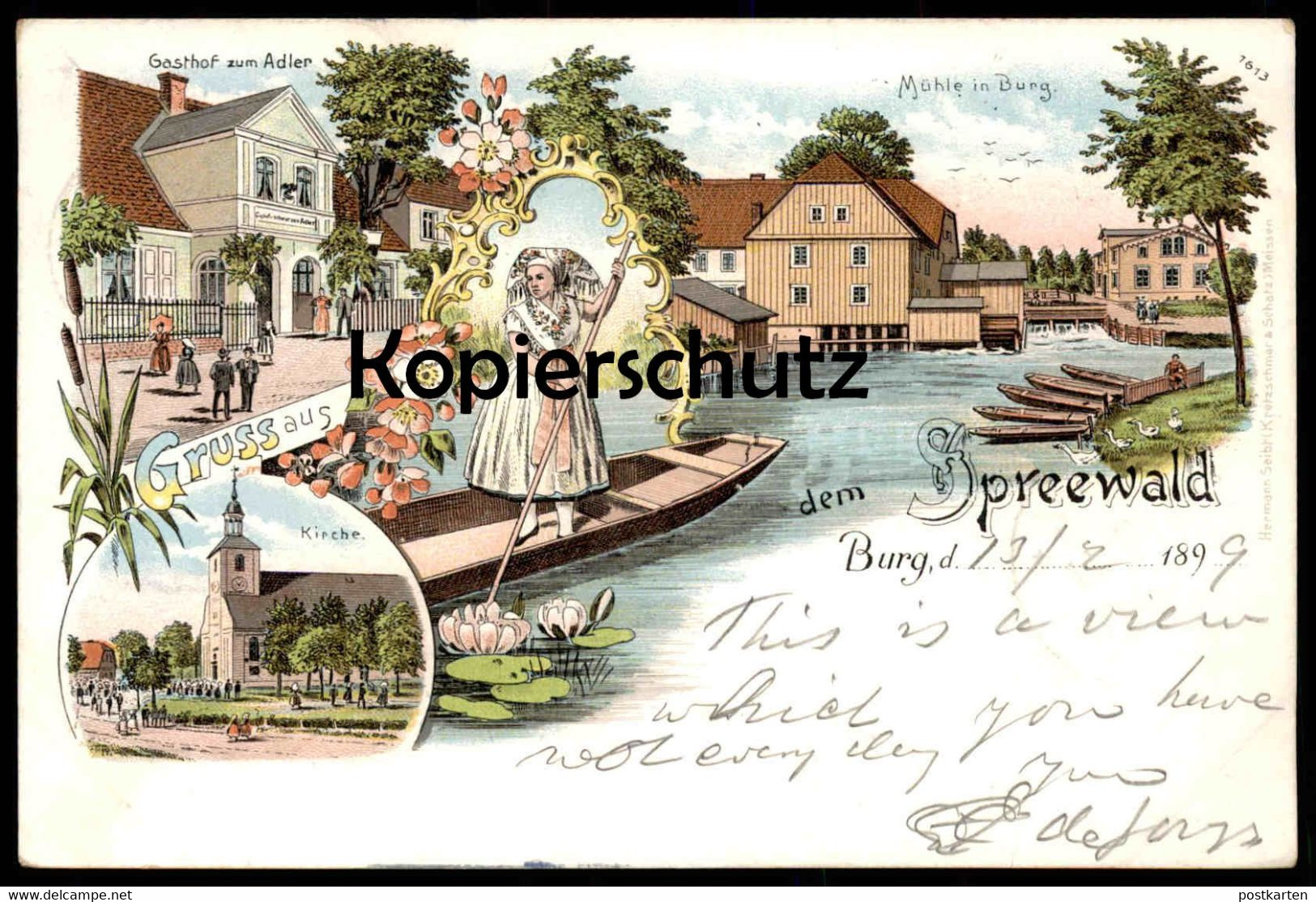 ALTE LITHO POSTKARTE GRUSS AUS DEM SPREEWALD BURG GASTHOF ZUM ADLER MÜHLE KIRCHE TRACHT Ansichtskarte Postcard AK Cpa - Burg (Spreewald)