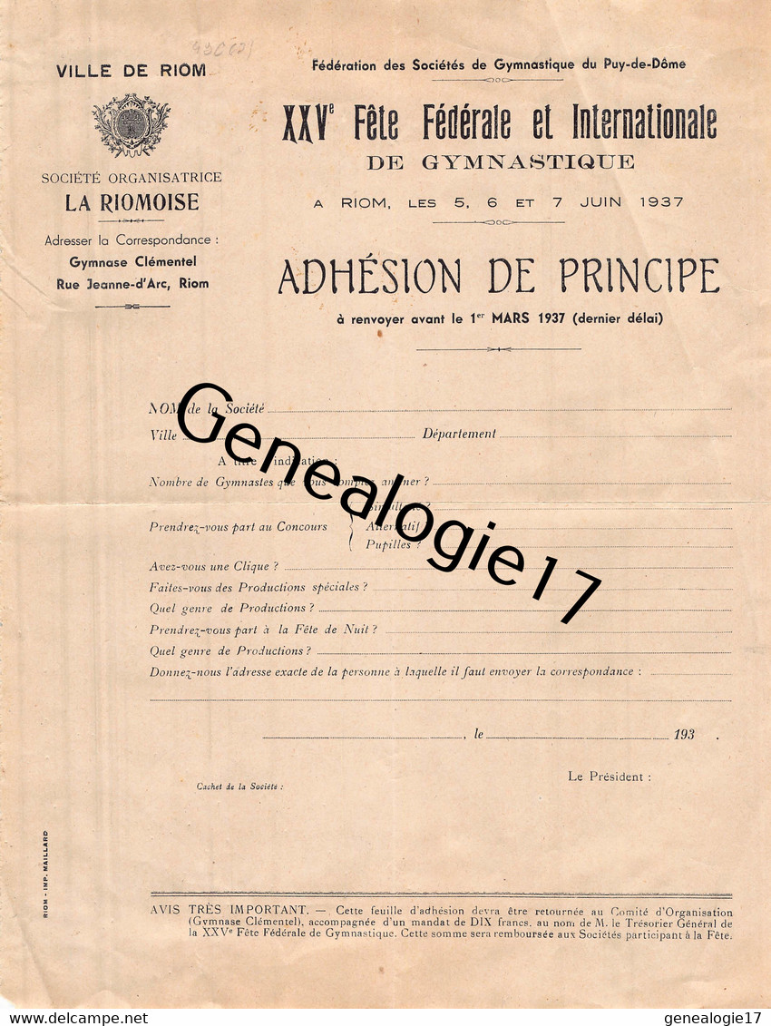 63 3032 RIOM Puy Dome 1937 XXV Fete Federale De Gymnastique Organisation LA RIOMOISE - Gymnastics