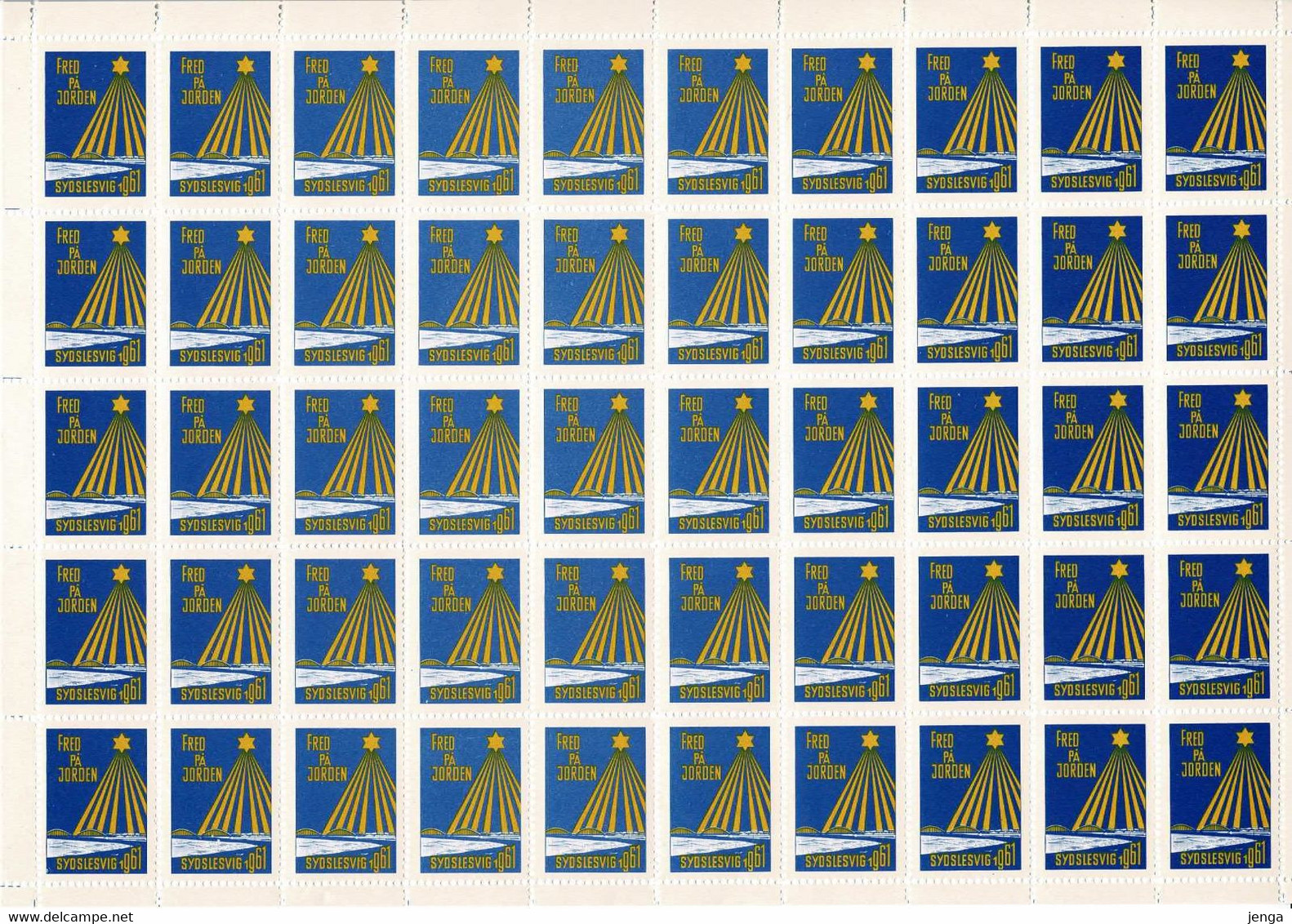Denmark; Christmas Seals. Sydslesvig;  Full Sheet 1961 - "Fred På Jorden" = "Peace On Earth".   MNH(**), Not Folded. - Full Sheets & Multiples