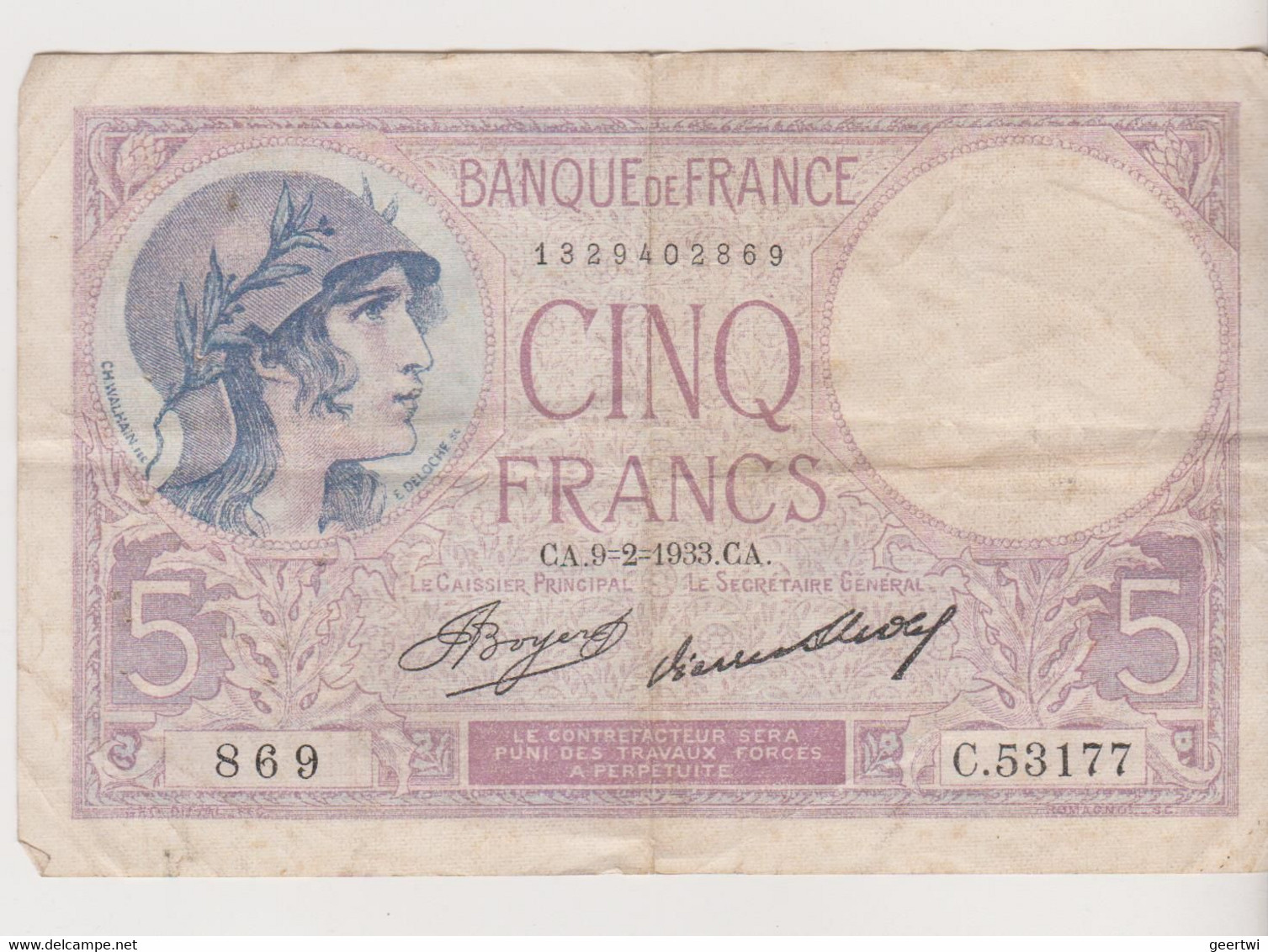 5 Francs 1933 - 5 F 1917-1940 ''Violet''