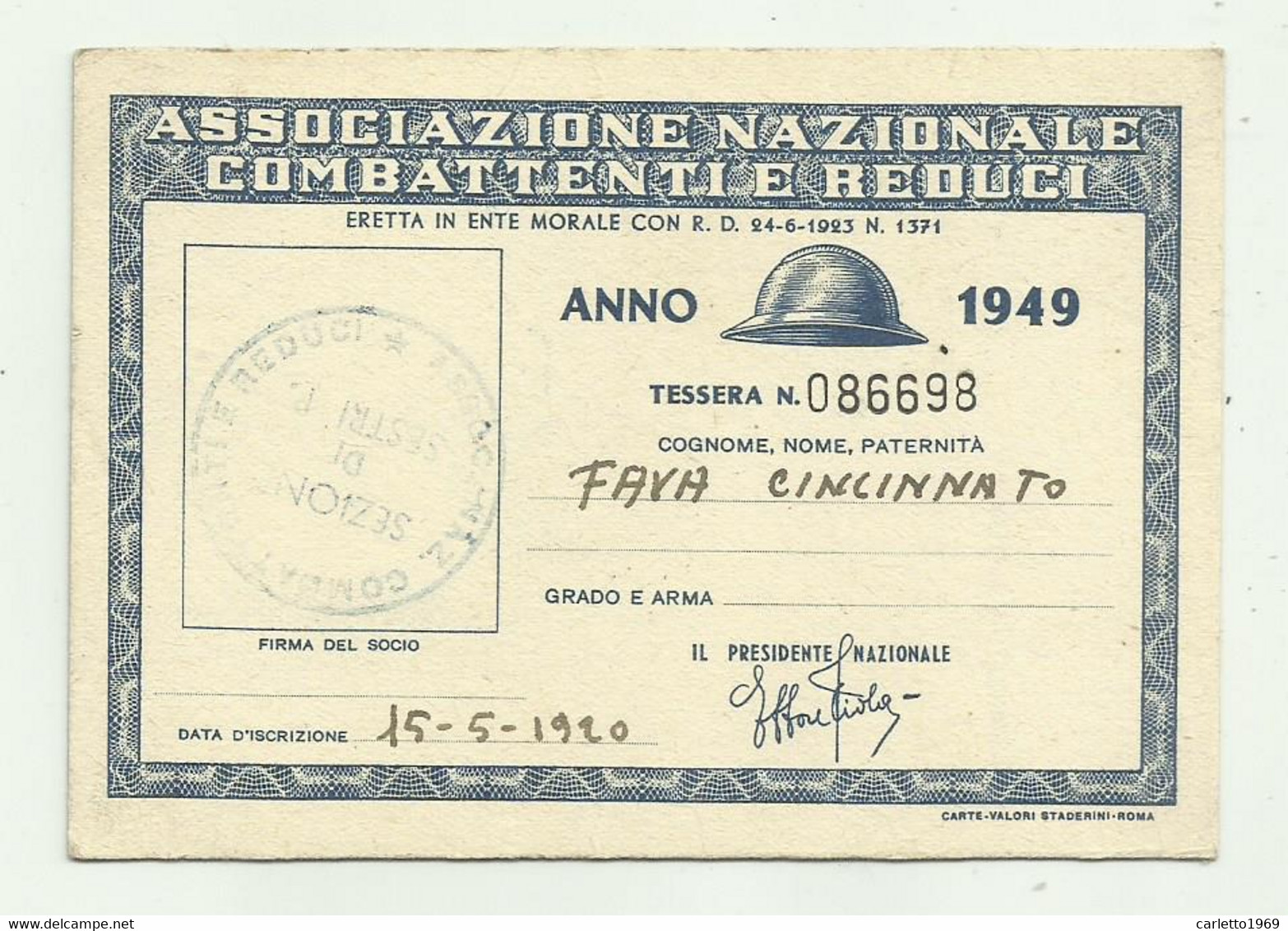 ASSOCIAZIONE NAZIONALE COMBATTENTI E REDUCI  ANNO 1949   - SEZ. SESTRI P.  - CM. 10,8X7,5 - Historische Documenten