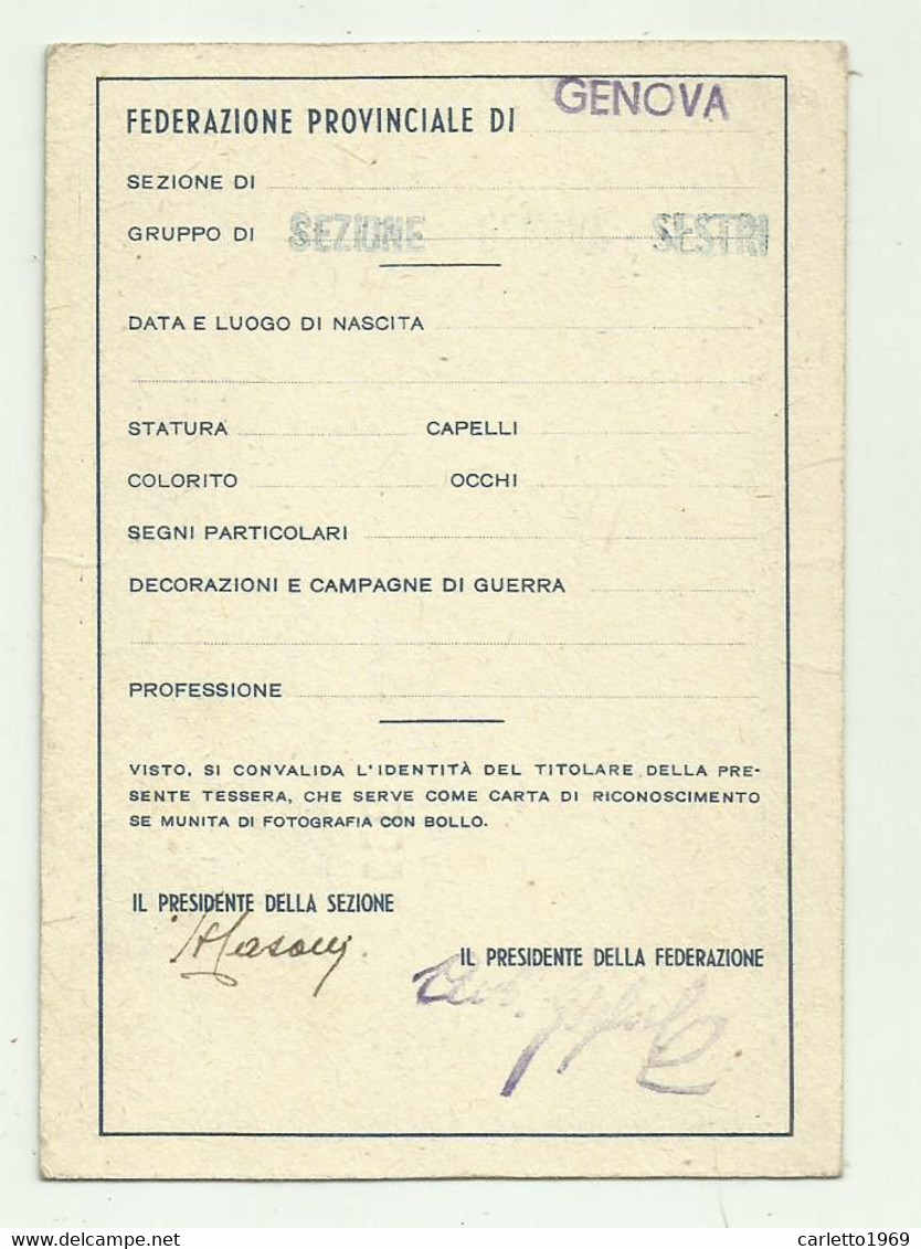 ASSOCIAZIONE NAZIONALE COMBATTENTI E REDUCI  ANNO 1949   - SEZ. SESTRI P.  - CM. 10,8X7,5 - Historical Documents