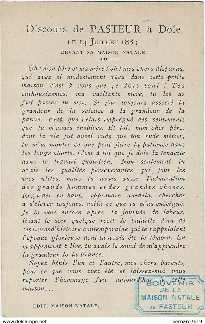 39  Dole  - Louis Pasteur  Discours  Le 14  Juillet 1883 Devant Sa Maison Natale - Dole