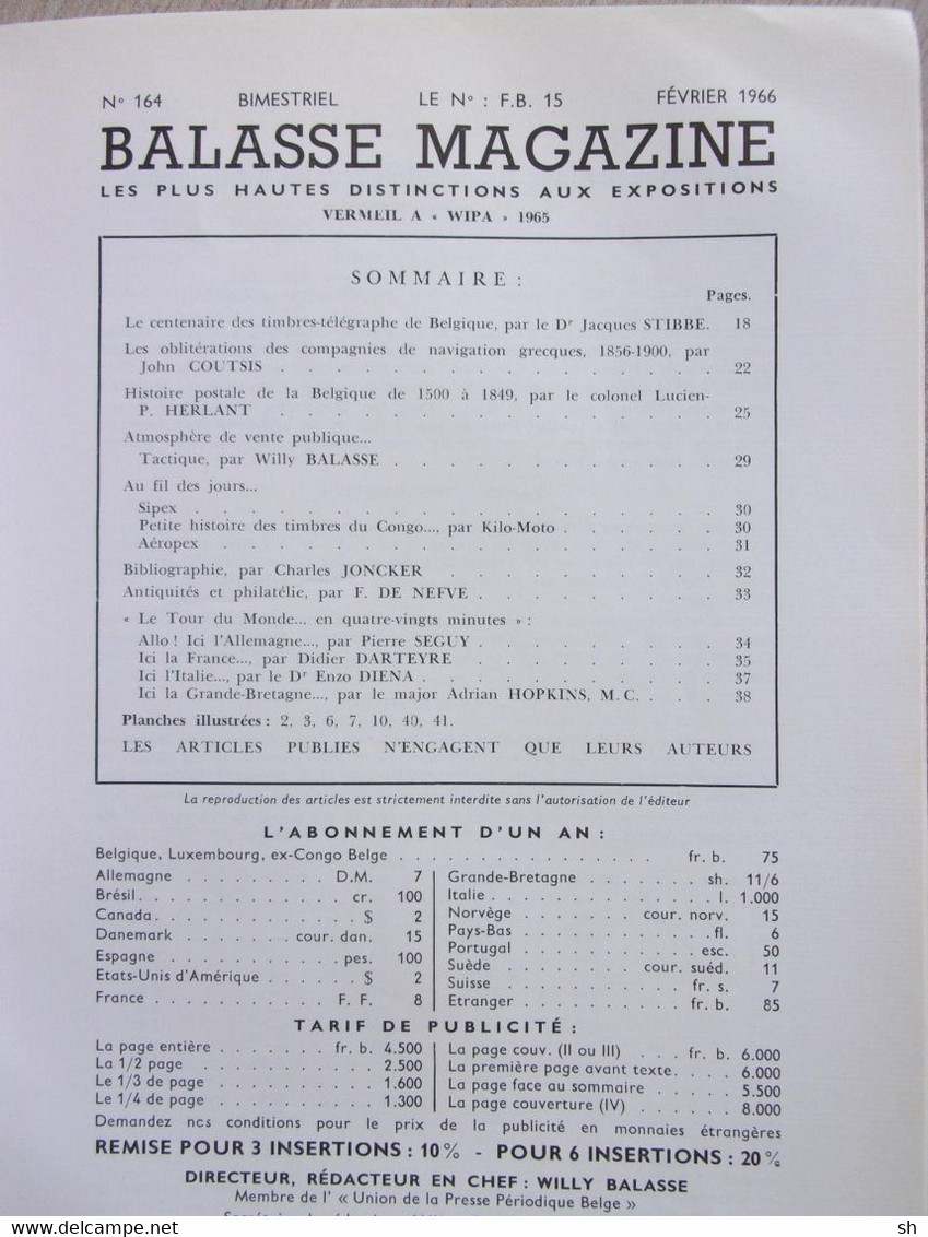 BALASSE MAGAZINE N° 164 - Fevrier 1966 - Timbres-télégraphes - Compagnies Grecques - Histoire Postale - Autres & Non Classés