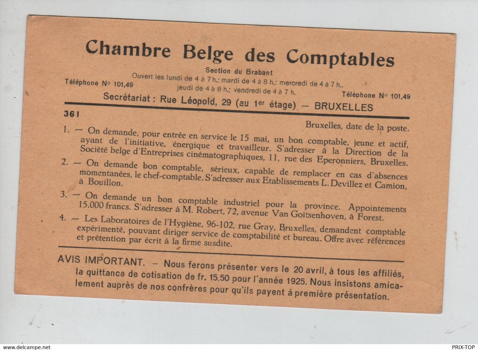 REF3677/ TP 192 Houyoux Typo BXL 1925 S/CP Chambre Belge Comptables > Etterbeek - Typos 1922-31 (Houyoux)