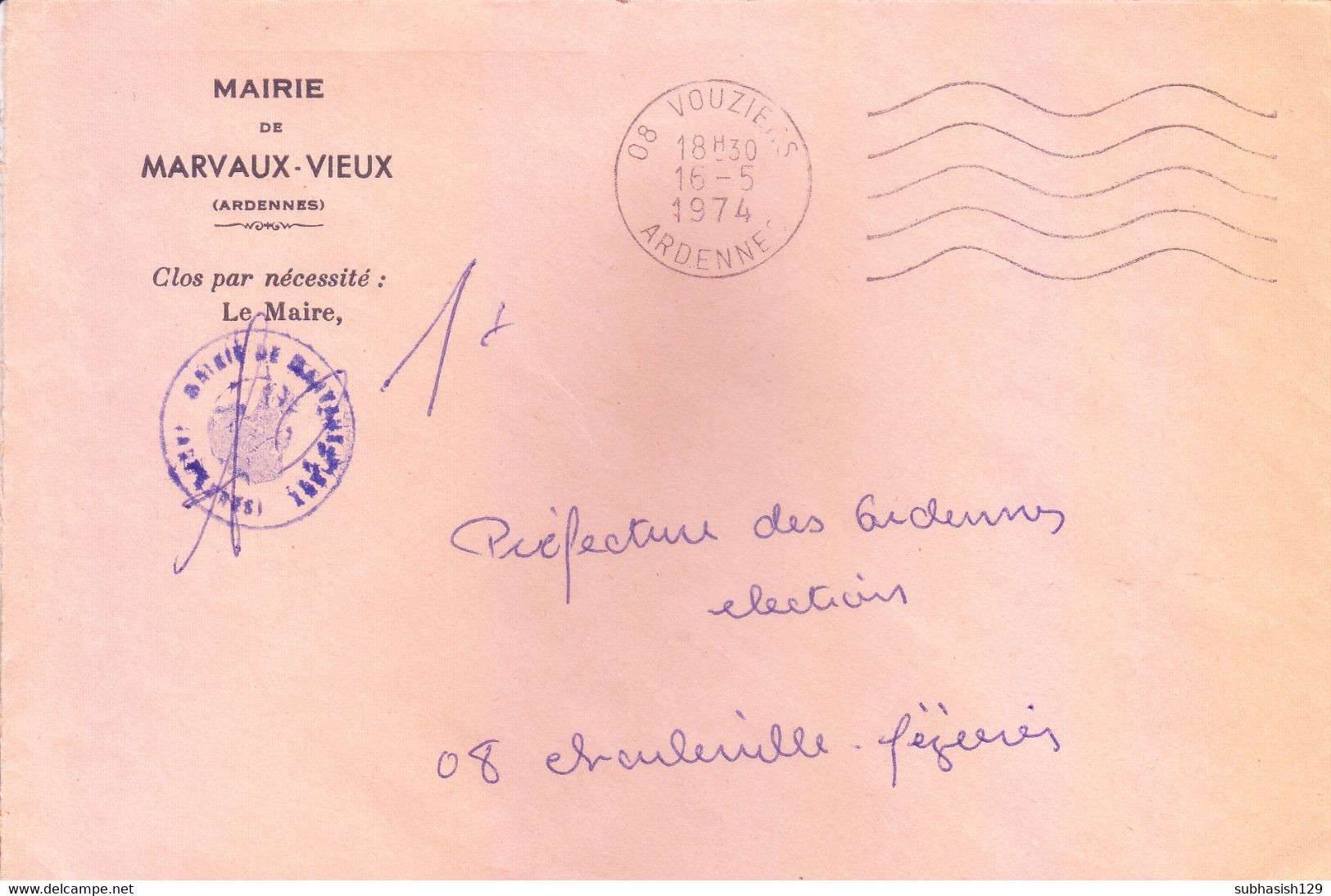 FRANCE : OFFICIAL ENVELOPE : MAYOR OFFICE OF MARVAUX VIEUX : USED IN 1974 WITH OFFICIAL SEAL : MAIRIE DE MARVAUX VIEUX - Cartas & Documentos