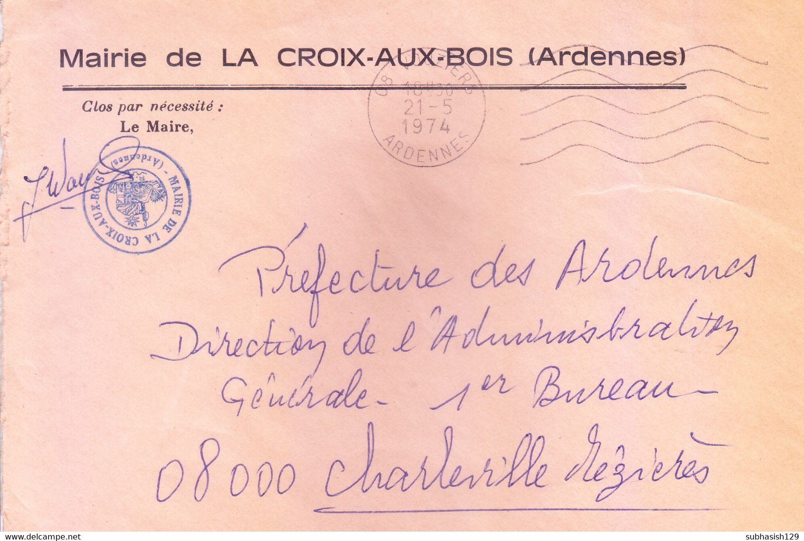 FRANCE : OFFICIAL ENVELOPE : MAYOR OFFICE OF LA CROIX AUX BOIS : USED IN 1974 WITH OFFICE SEAL : MAIRIE DE LA CROIX AUX - Lettres & Documents
