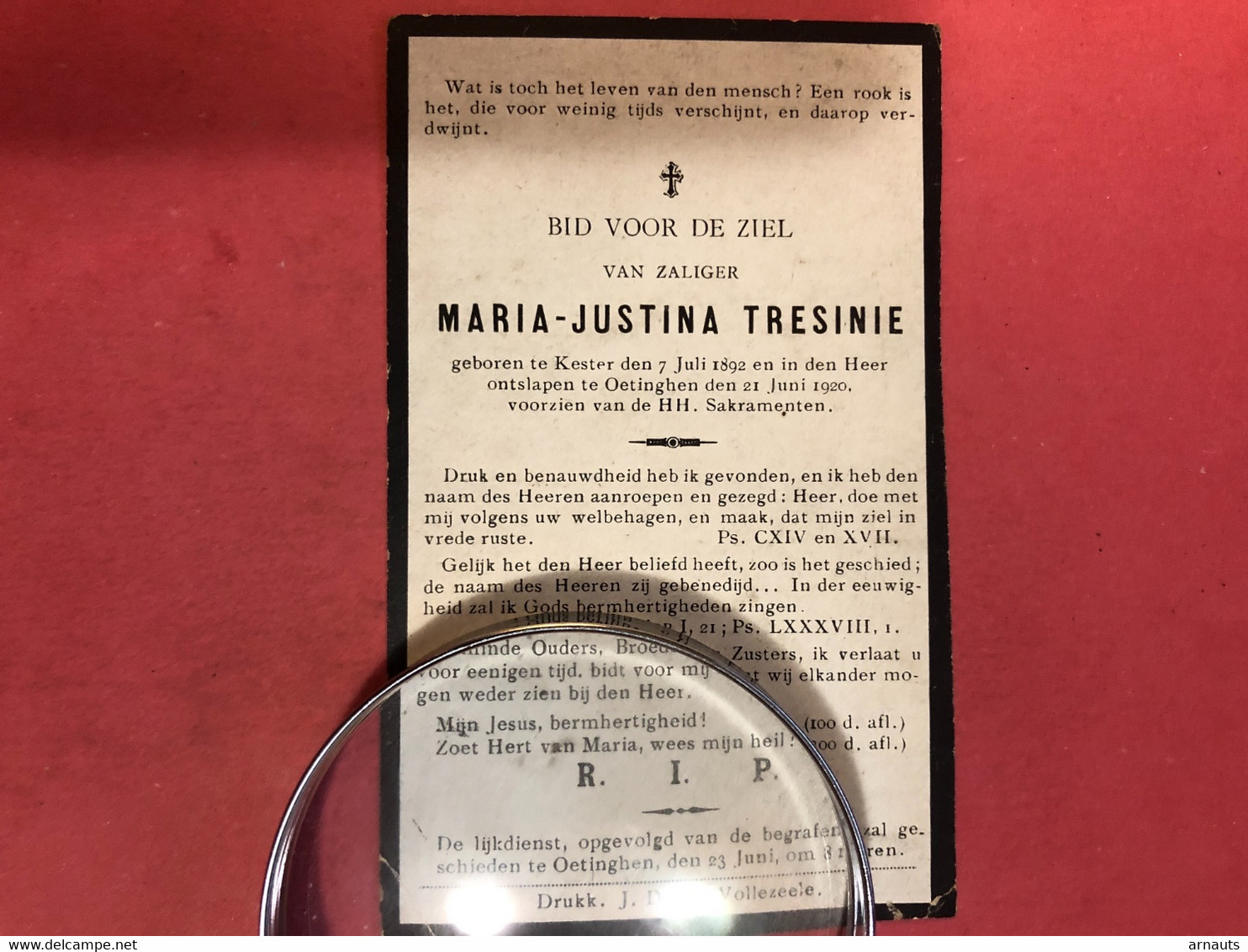 Maria-Justina Tresinie *1892 Kester +1920 Oetingen Gooik Druk Vollezele Doodsprentje - Obituary Notices