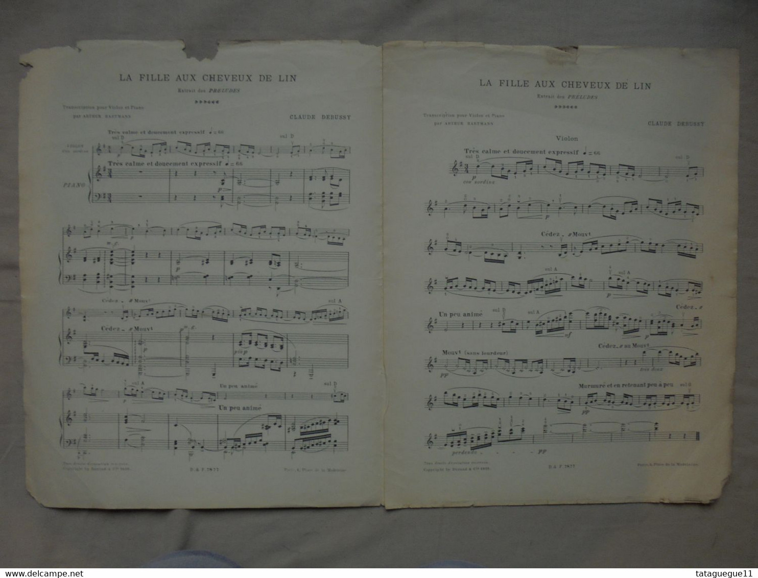 Ancien - Partition La Fille Aux Cheveux De Lin Claude Debussy Piano Et Violon Ed. Durand 1910 - Instruments à Clavier