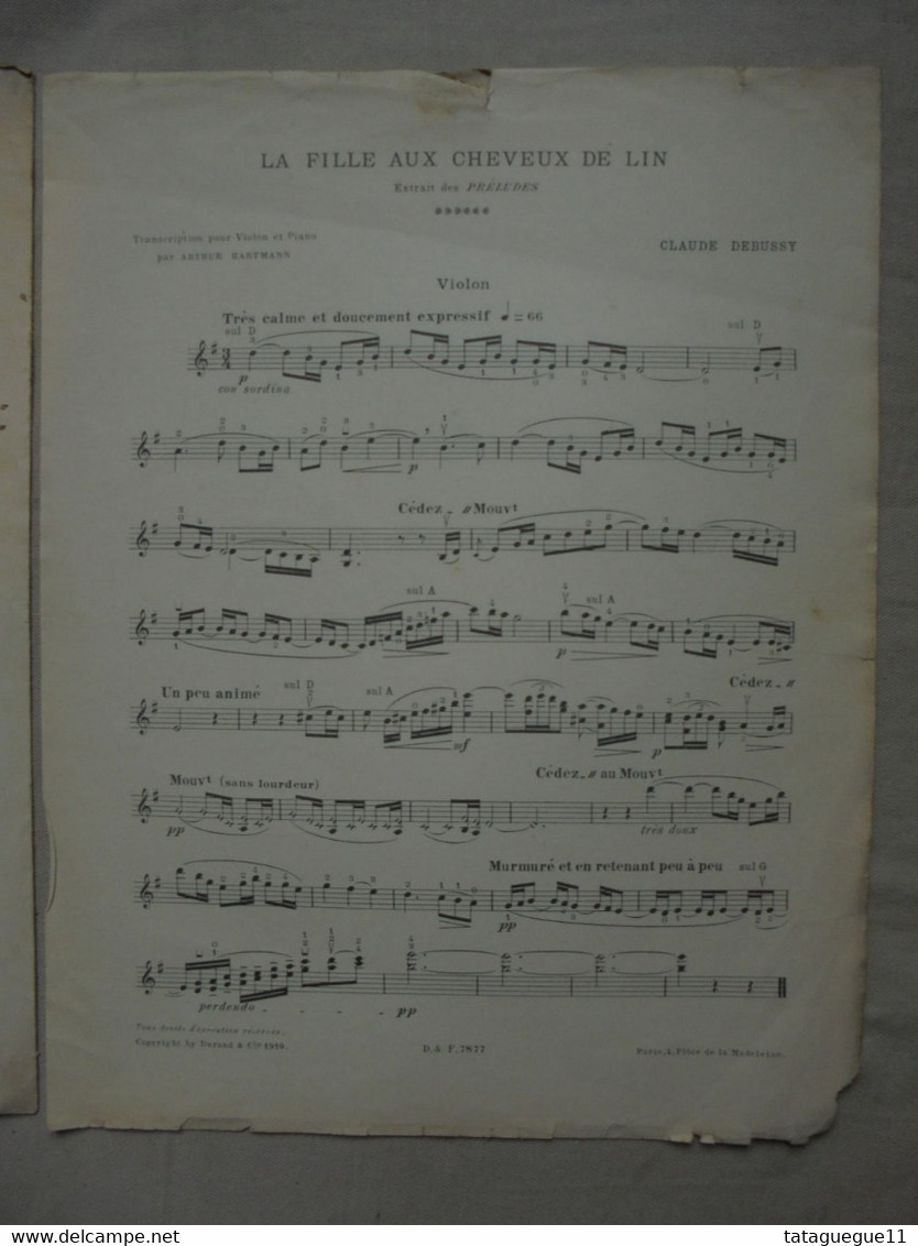 Ancien - Partition La Fille Aux Cheveux De Lin Claude Debussy Piano Et Violon Ed. Durand 1910 - Instruments à Clavier