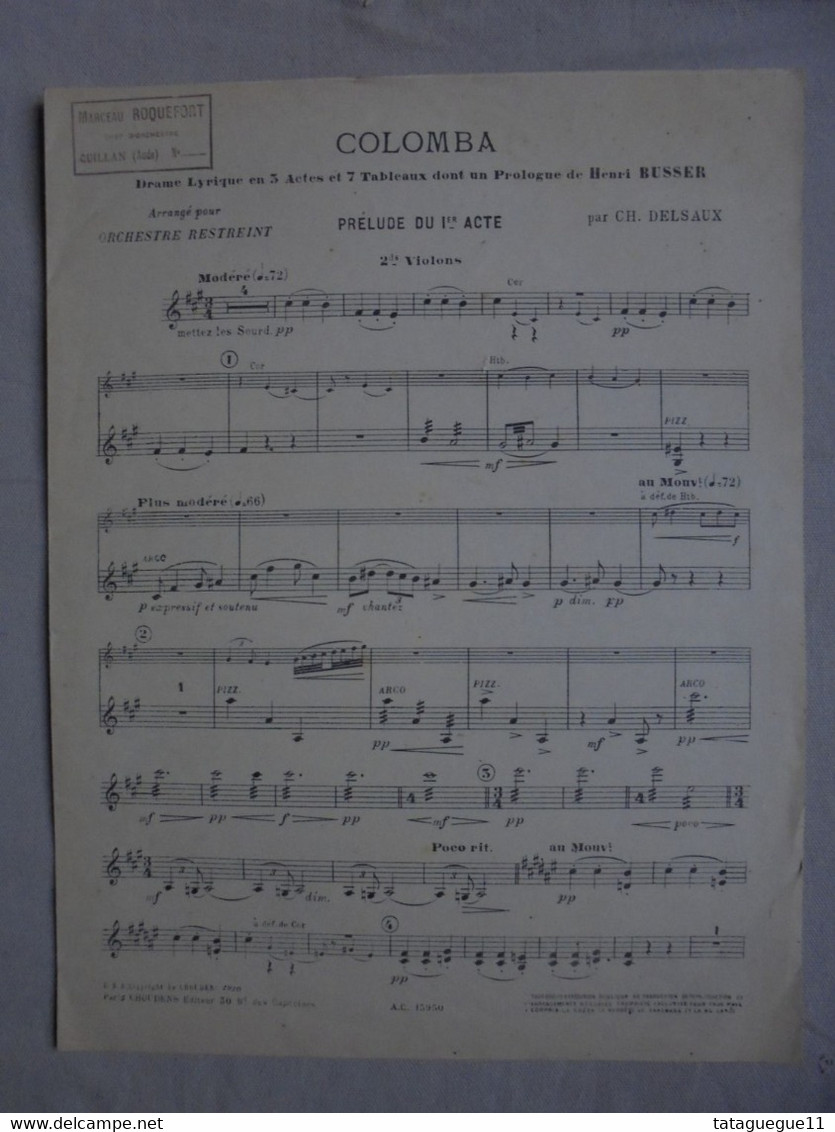 Ancien - Partition Colomba Prélude Du 1er Acte Henri Busser Ed. Choudens 1930 - Altri Strumenti
