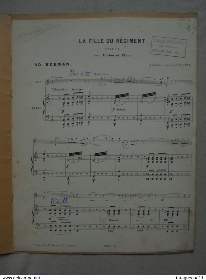 Ancien - Partition La Fille Du Régiment Fantaisie Violon Et Piano AD. Herman - Otros Instrumentos