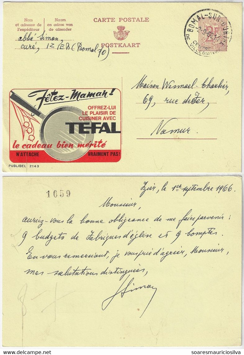 Belgium 1966 Postal Stationery Card Publibel No 2143 Mother's Day Frying Pan Tefal Bomal-sur-Ourthe To Namur Gift Rose - Día De La Madre
