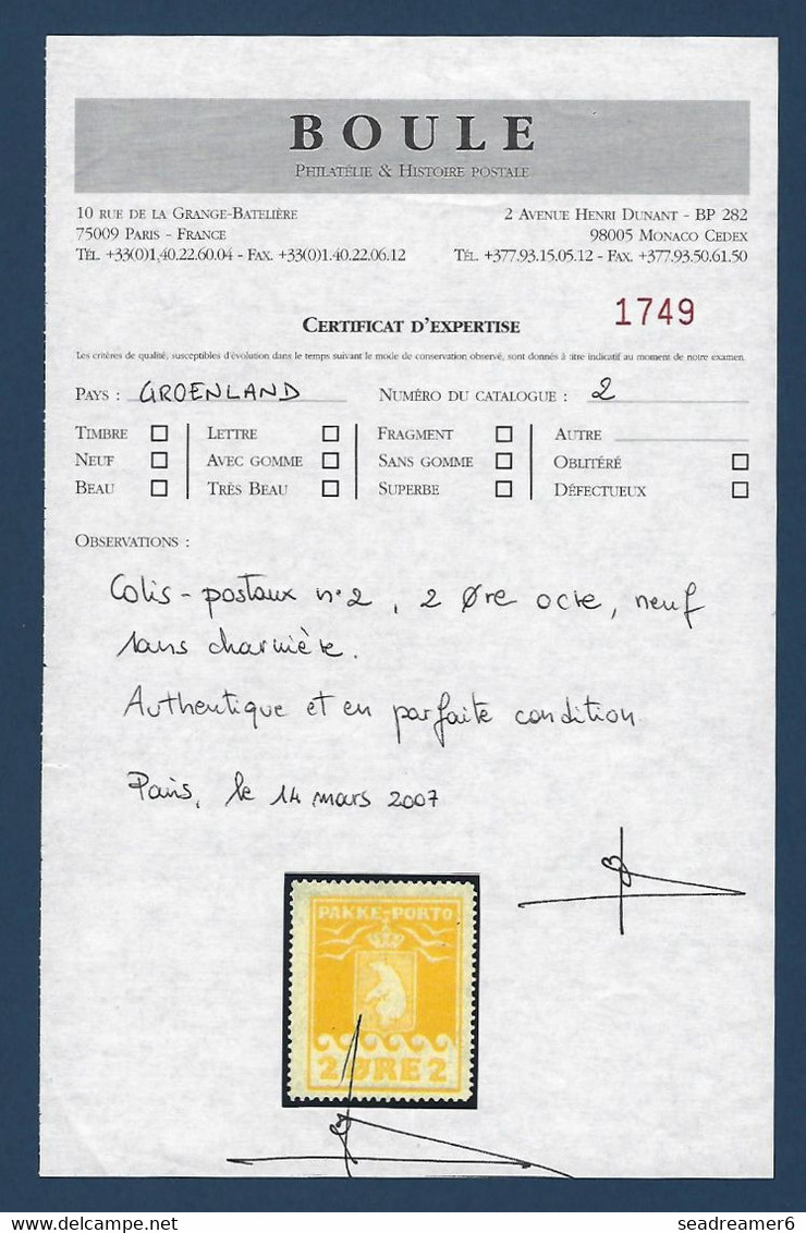 Groenland Colis Postaux N°2** 2 Ore Ocre Typographié Dent 11 1/2 Fraicheur Postale Superbe & RR Certificat BOULE - Paquetes Postales