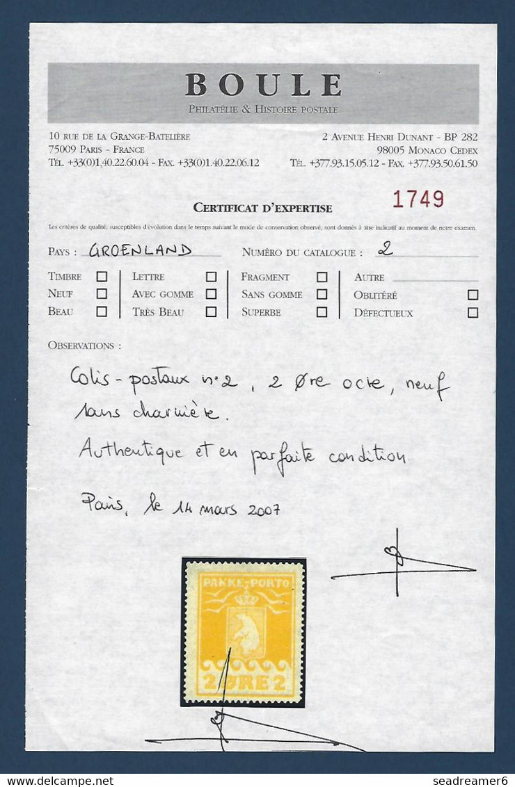 Groenland Colis Postaux N°2** 2 Ore Ocre Typographié Dent 11 1/2 Fraicheur Postale Superbe & RR Certificat BOULE - Colis Postaux