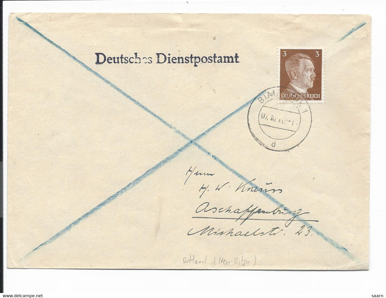 DR  782 EF - 3 Pf Hitler Brief Dt. Dienstpost M. Stempel Bialystok Ostland 1941 Nach Aschaffenburg - Covers & Documents