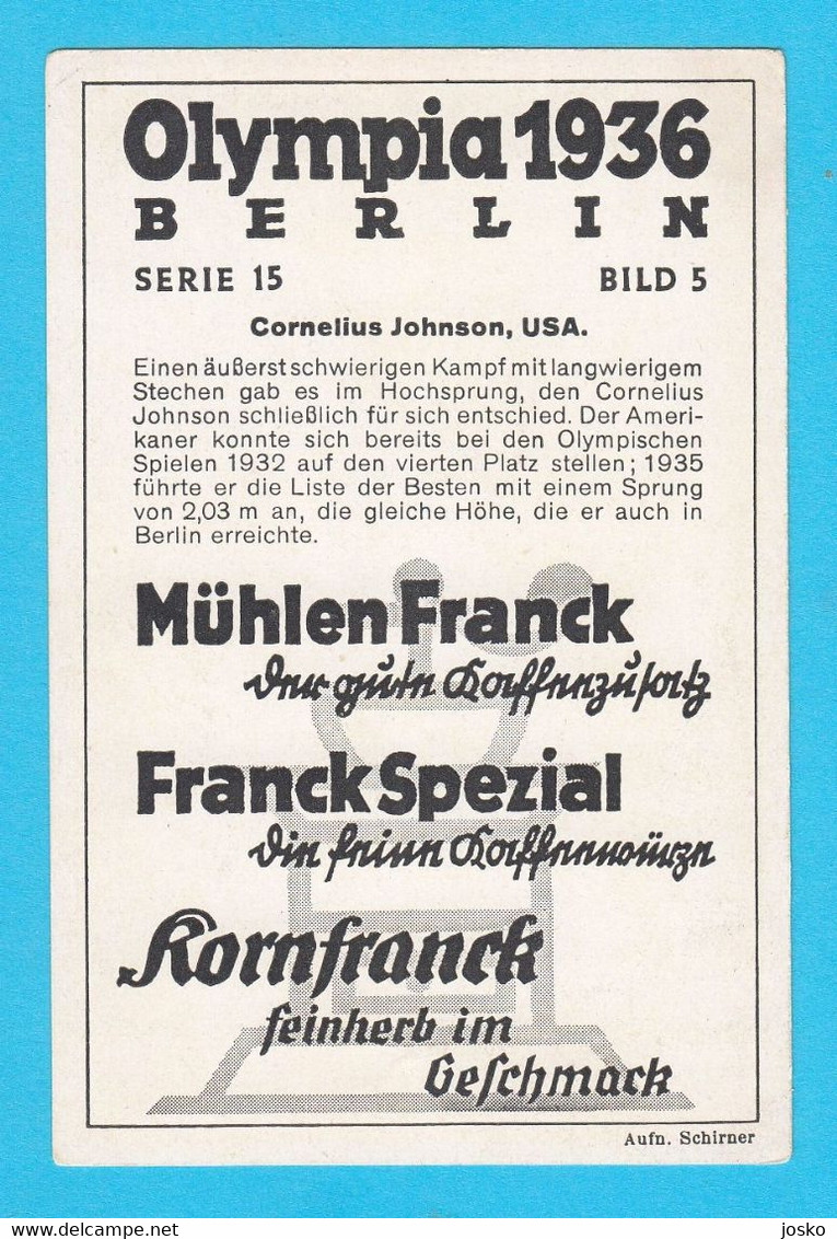 CORNELIUS JOHNSON (USA) - Olympic Games 1936 Berlin * GOLD HIGH JUMP * Original Old Card * Athletics Athletisme - Trading Cards