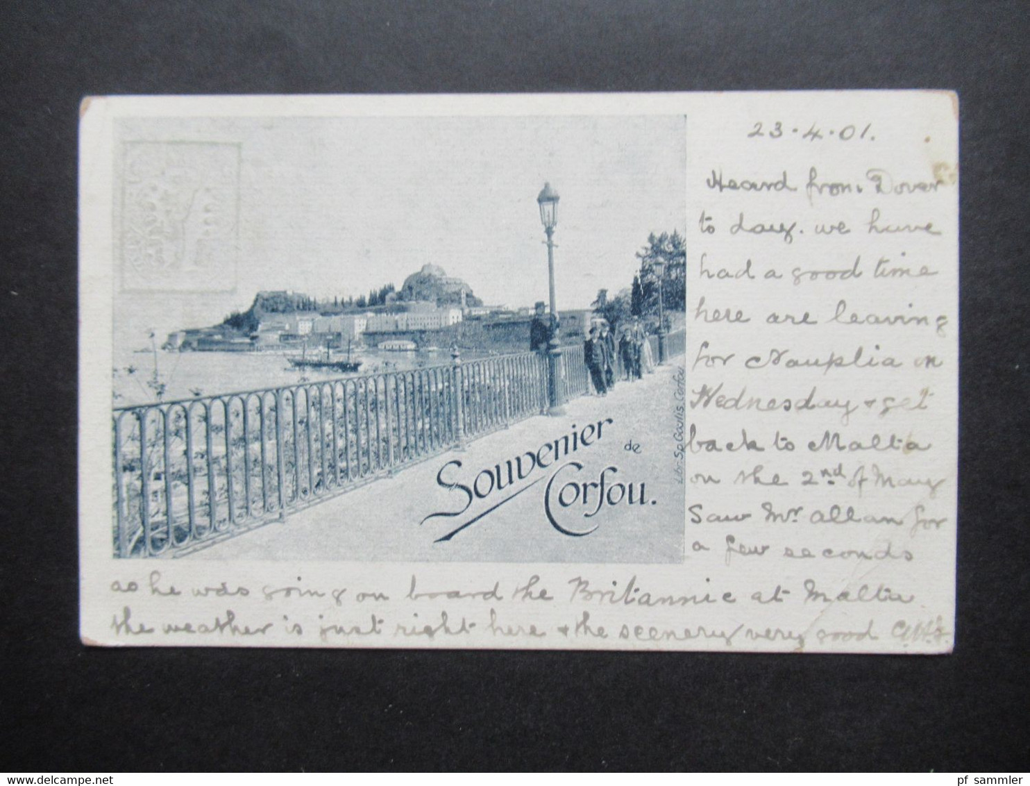 Griechenland 1901 Ganzsache / Bildpostkarte Souvenir De Corfou Libr. Sp. Goulis Corfou Nach Chatham England Gesendet - Postwaardestukken
