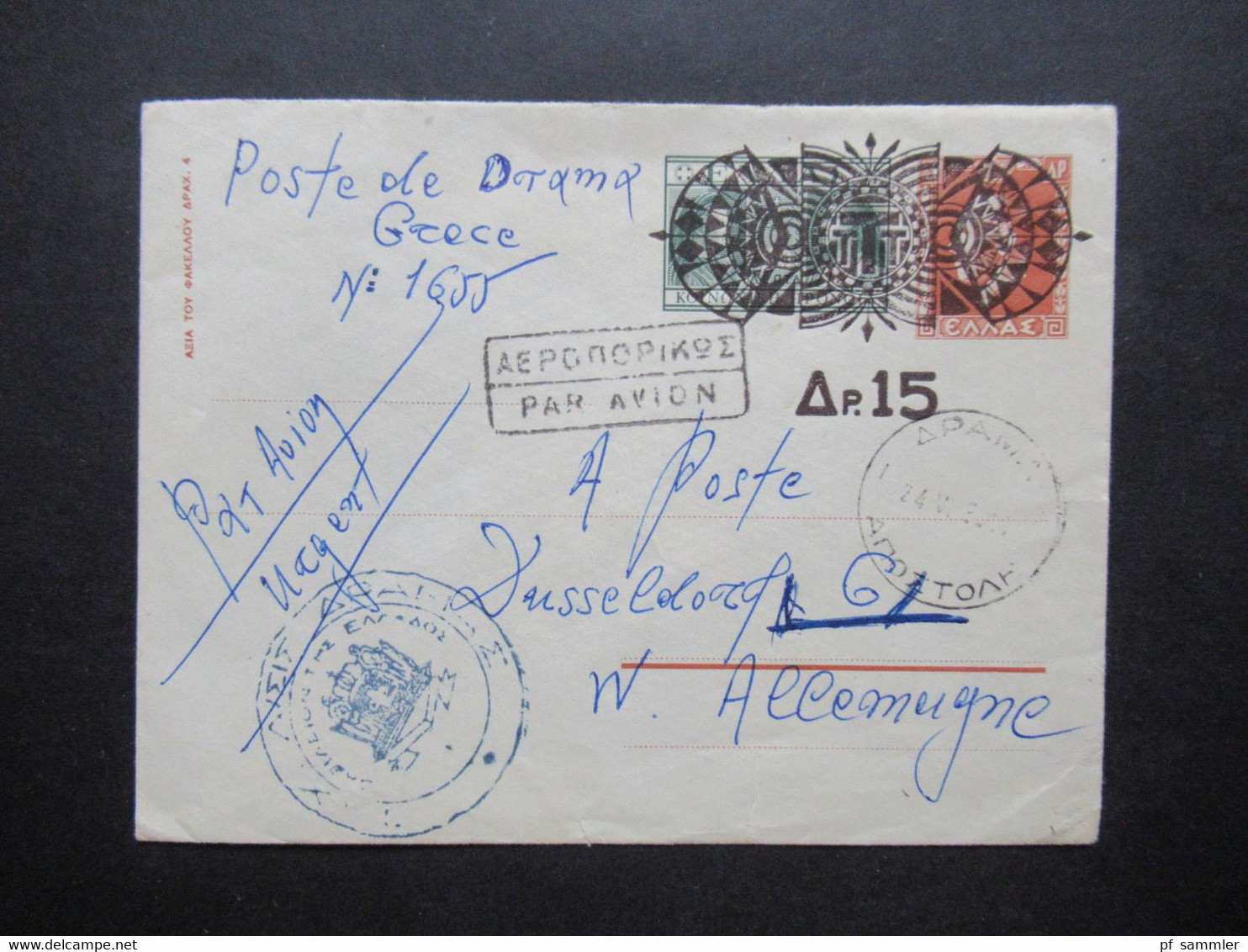 Griechenland 1942 Ganzsachen Umschlag U 8 Par Avion / Luftpost Poste De Drama Grece - Düsseldorf Stempel Tax.... - Enteros Postales