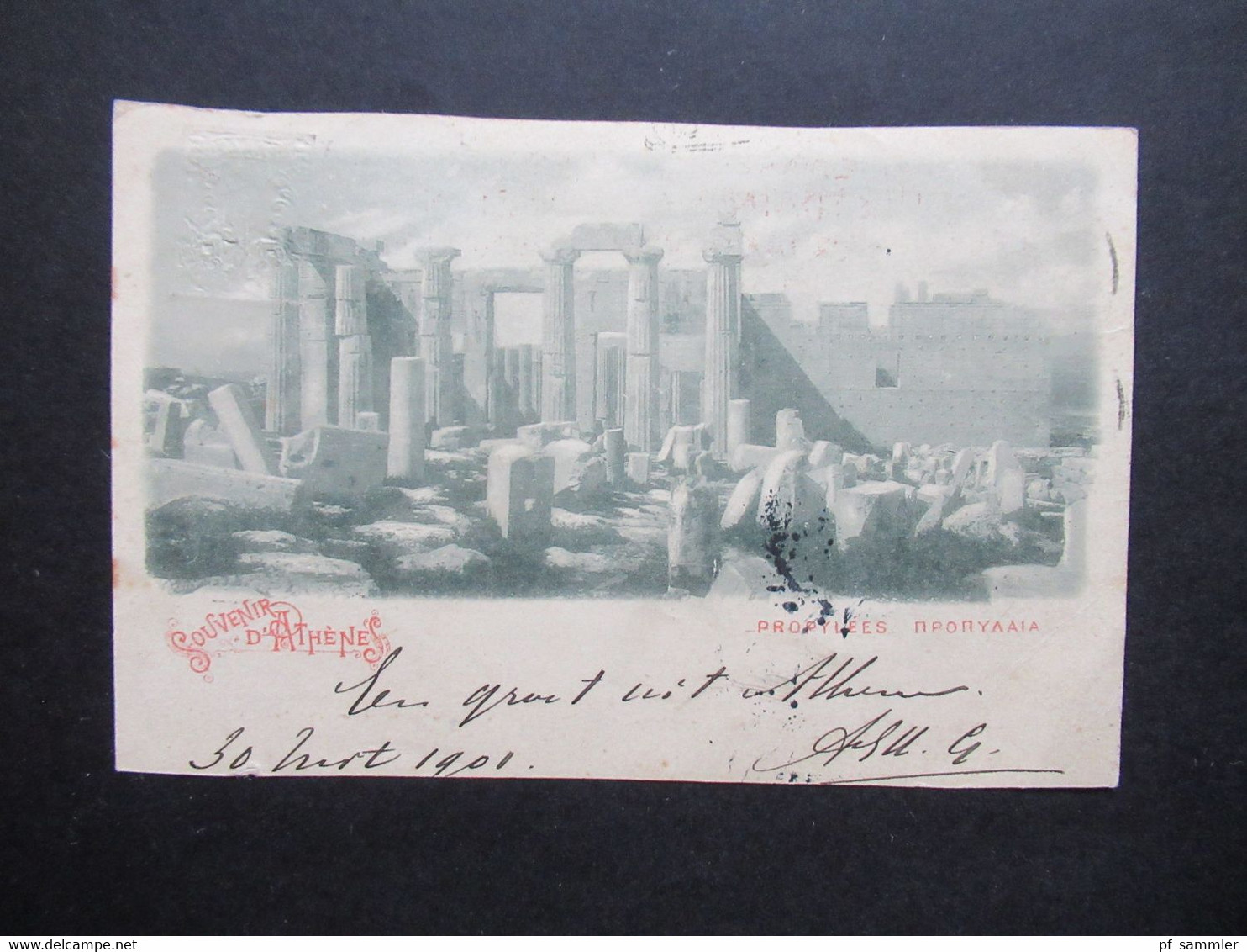 Griechenland 1901 Ganzsache / Bildpostkarte Souvenir De Athenes Propylees Mit Zusatzfrankatur Nach Den Haag Holland - Interi Postali