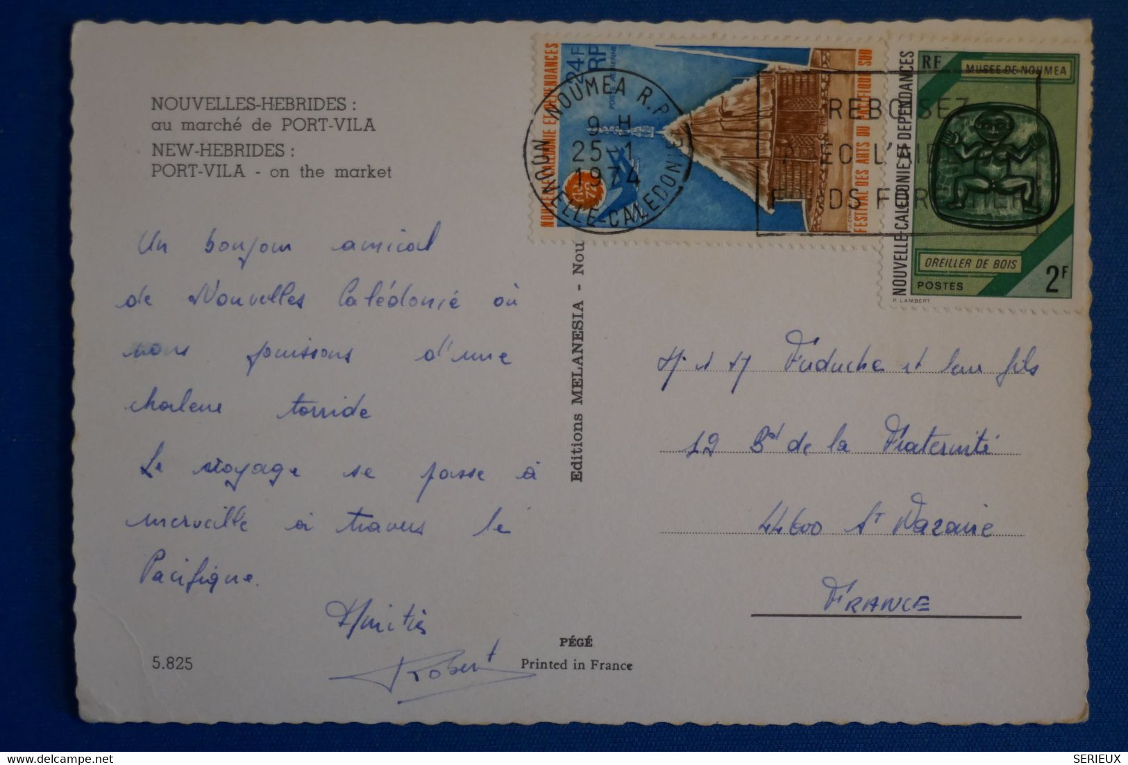 N6 NELLE CALEDONIE BELLE CARTE 1974 NOUMEA POUR ST NAZAIRE FRANCE+ CARTE NLE HEBRIDES+ AFFRANCHISSEMENT PLAISANT - Storia Postale