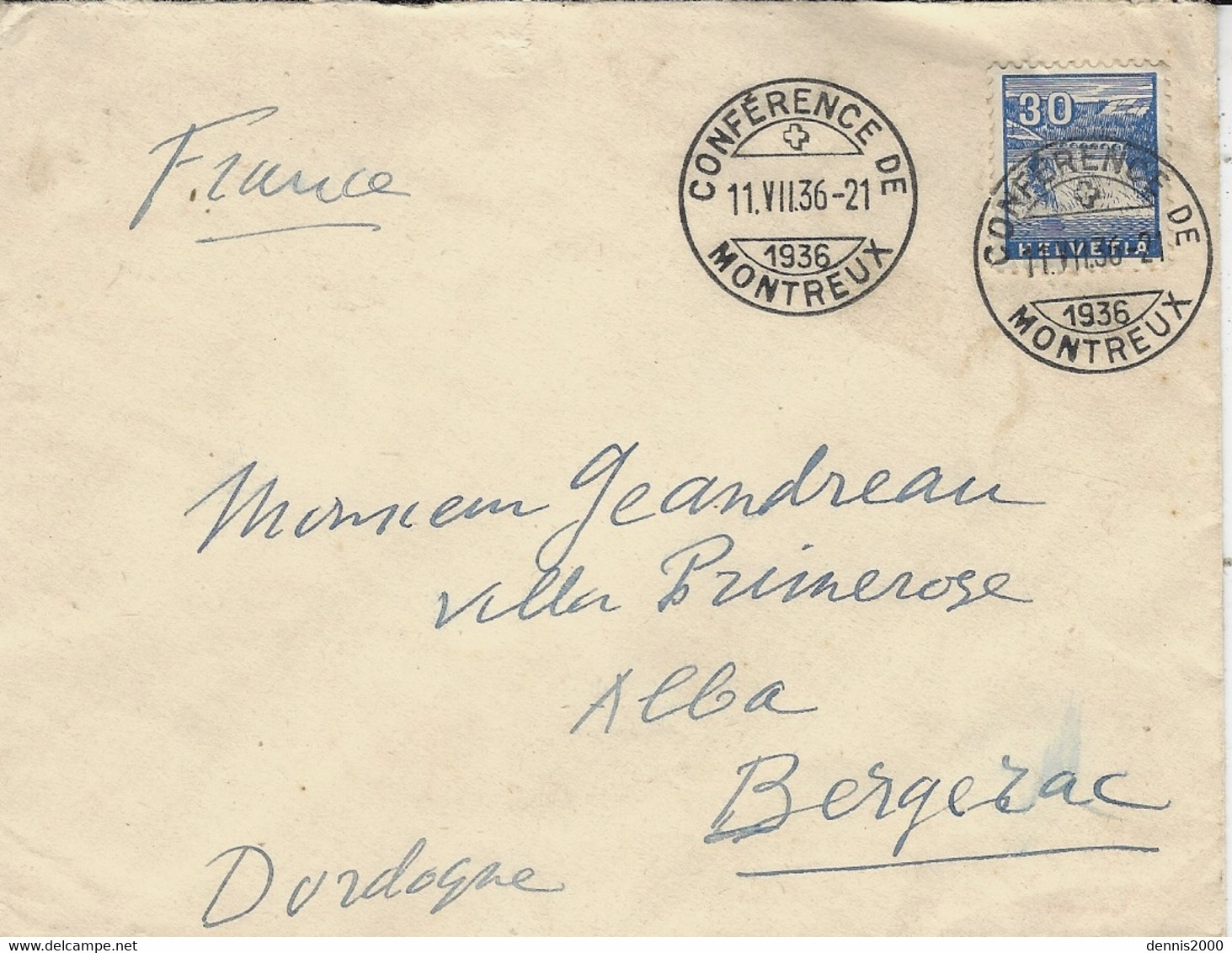 11.VII.36 - Enveloppe  Affr. 30 C Oblot. " CONFERENCE DE MONTREUX " Pour La France - Cartas & Documentos