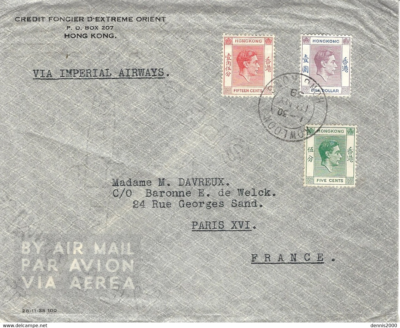 1939- Cover " Via Imperial Airways " Fr. 1,20 $  Oblit. KOWLOON / HONG KONG - Brieven En Documenten