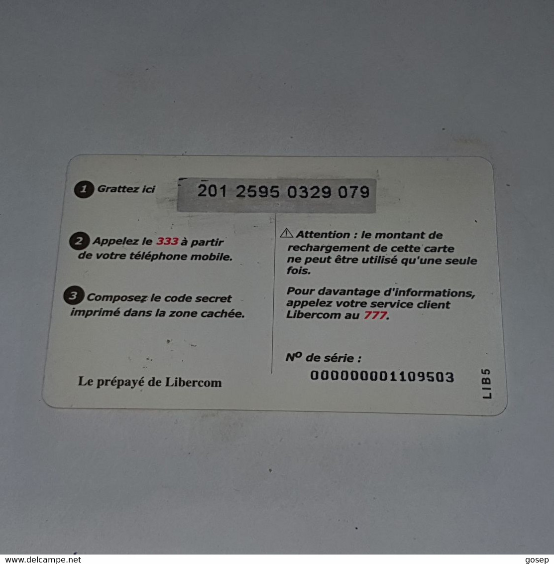 BENIN-(BJ-LIB-REF-0003B)-carte Recharge-(45)-(5.000fcfa)-(201-2595-0329-079)-used Card+1card Prepiad Free - Bénin
