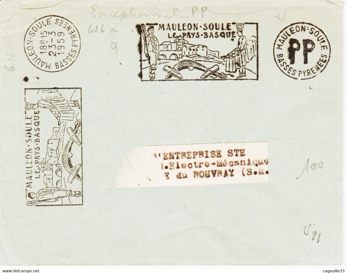 France, , Obliteration Mecanique Secap  En PP De Mauleon -soule  En 1959, Fabrication Locale  RR Et  TB - Maschinenstempel (Werbestempel)