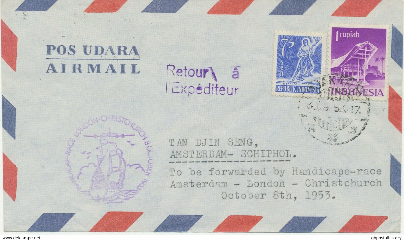 INDONESIEN 1953 Mitläuferpost KLM Handicap-Race AMSTERDAM-CHRISTCHURCH NEUSEELAND - Indonésie