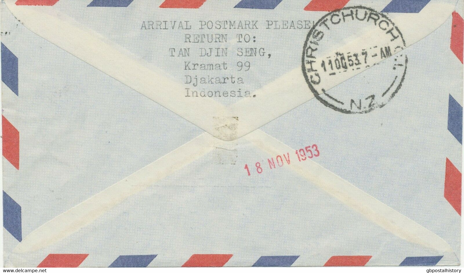 INDONESIEN 1953 Mitläuferpost KLM Handicap-Race AMSTERDAM-CHRISTCHURCH NEUSEELAND - Indonesia