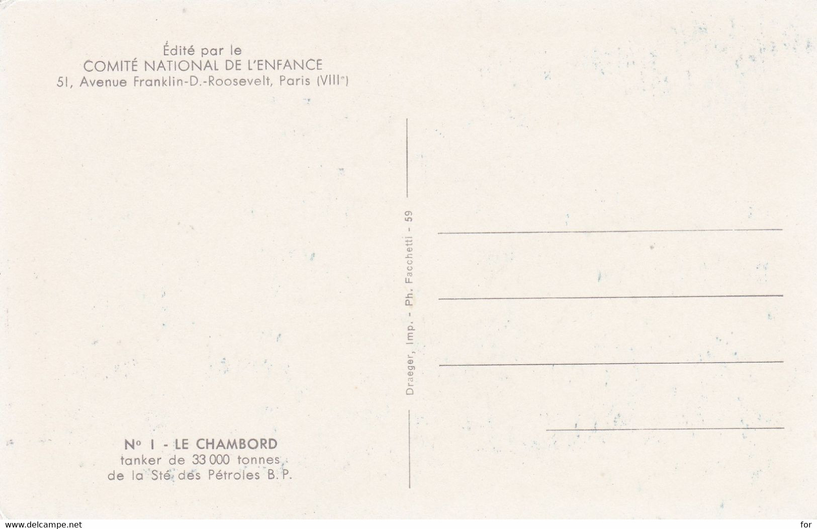 Bateaux : Pétrolier : CHAMBORD : Tanker De 33000 Tonnes : Comité National De L'Enfance - N° 1 - Pétroliers