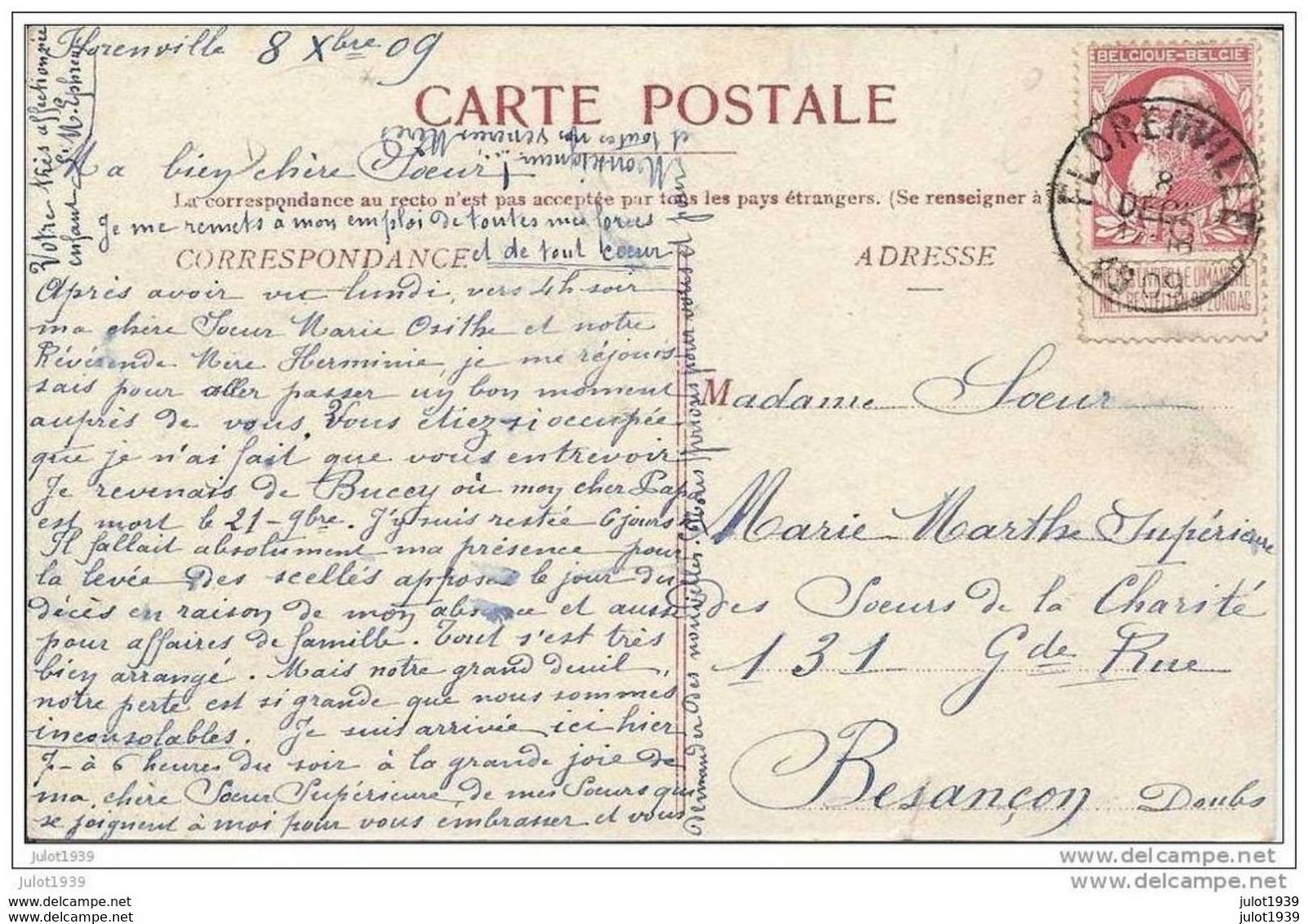 FLORENVILLE ..-- Grand ' Place . 1909 Vers BESANCON ( Soeur De Charité Marie - Marthe ) . Voir Verso . - Florenville