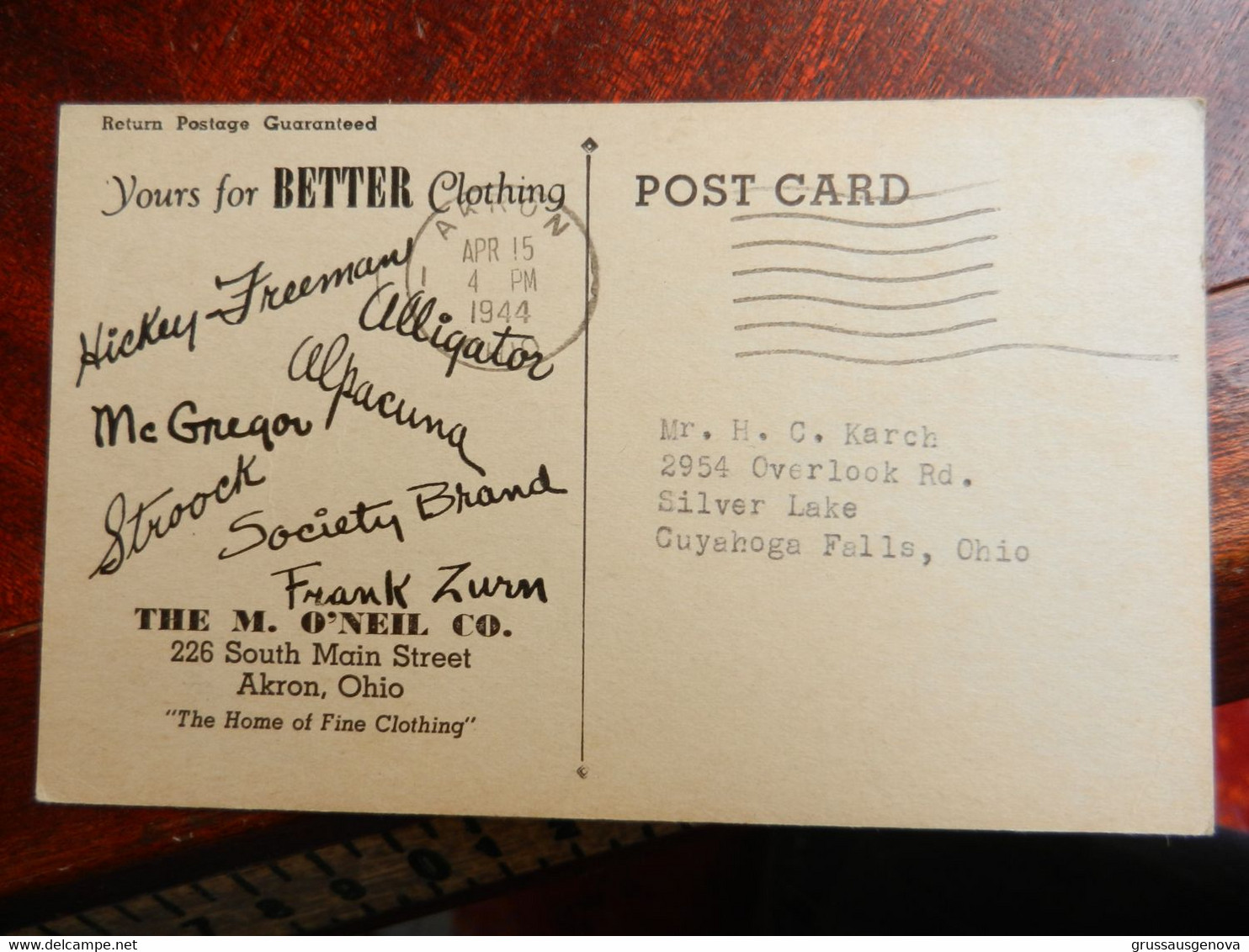 20091) CARTOLINA PUBBLICITARIA M. O'NEIL & CO AKRON OHIO YOURS FOR BETTER CLOTHING VIAGGIATA 1944 - Akron