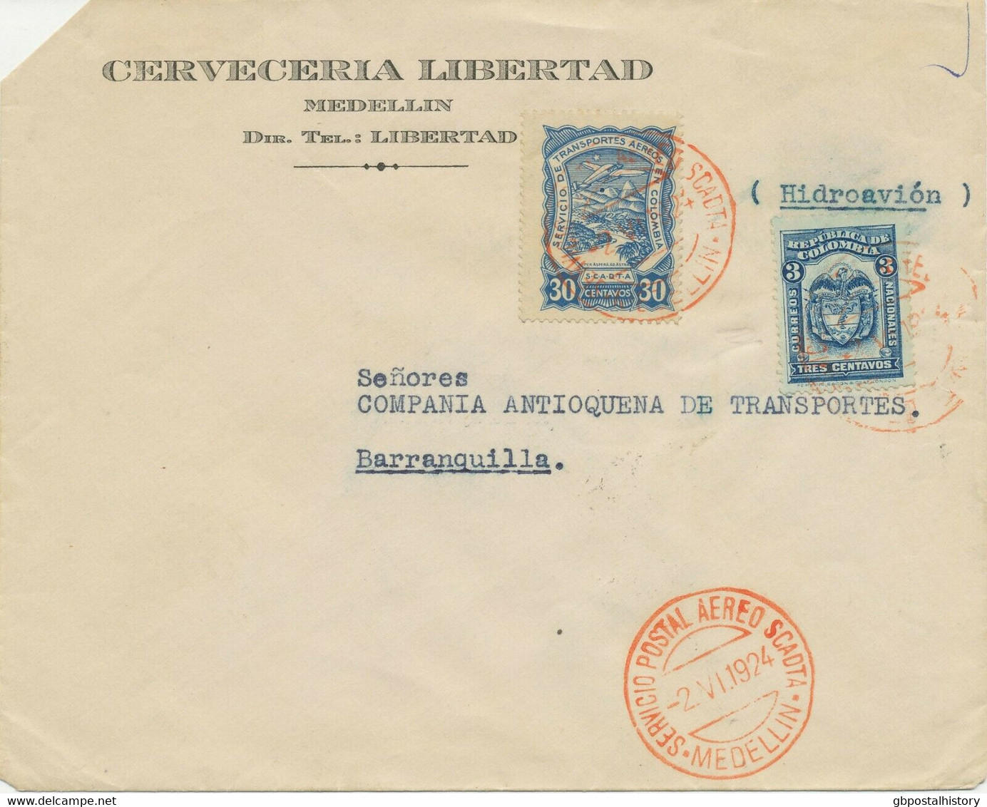 SCADTA COLOMBIA 1924 30C SCADTA + 3C Coat Of Arms Colombia Airmail Cvr MEDELLIN - Colombie