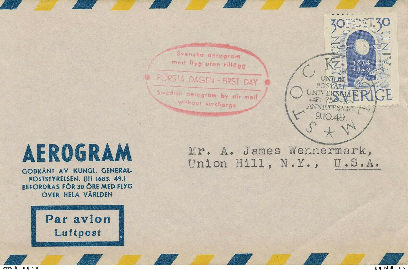 SCHWEDEN 1949 75 Jahre UPU 30 (Ö) EF Als Selt. Flugpostsondertarif Nach USA FDC - Storia Postale