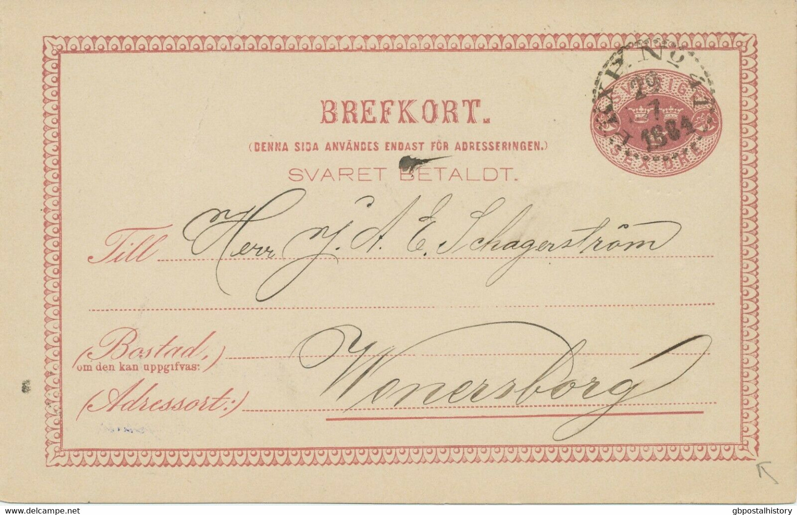 SCHWEDEN 1883 Sex Öre Dunkellila GAPostkarte-Frageteil Bahnpost ABART FRAMEBREAK - Variétés Et Curiosités